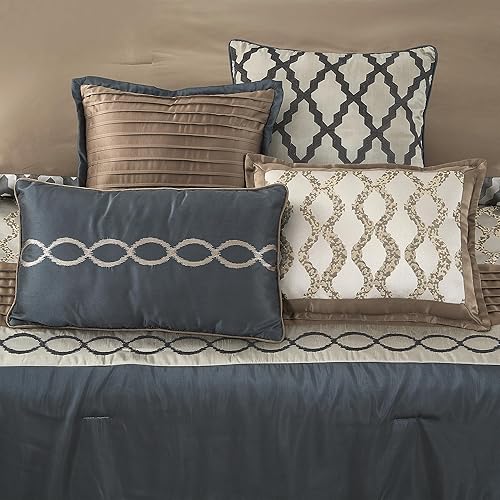 Miniatura 5 de Juego de edredón tamaño Queen, color marrón grisáceo, cama de 10 piezas en una bolsa para todas las estaciones, juegos de ropa de cama de lujo de