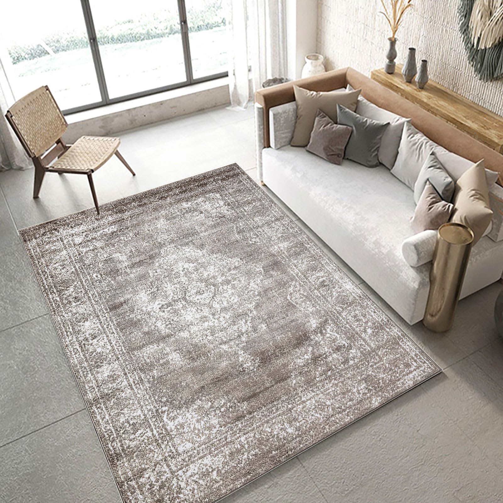 Petit tapis 60 x 120 cm marron taupe salon chambre motif vintage abstrait