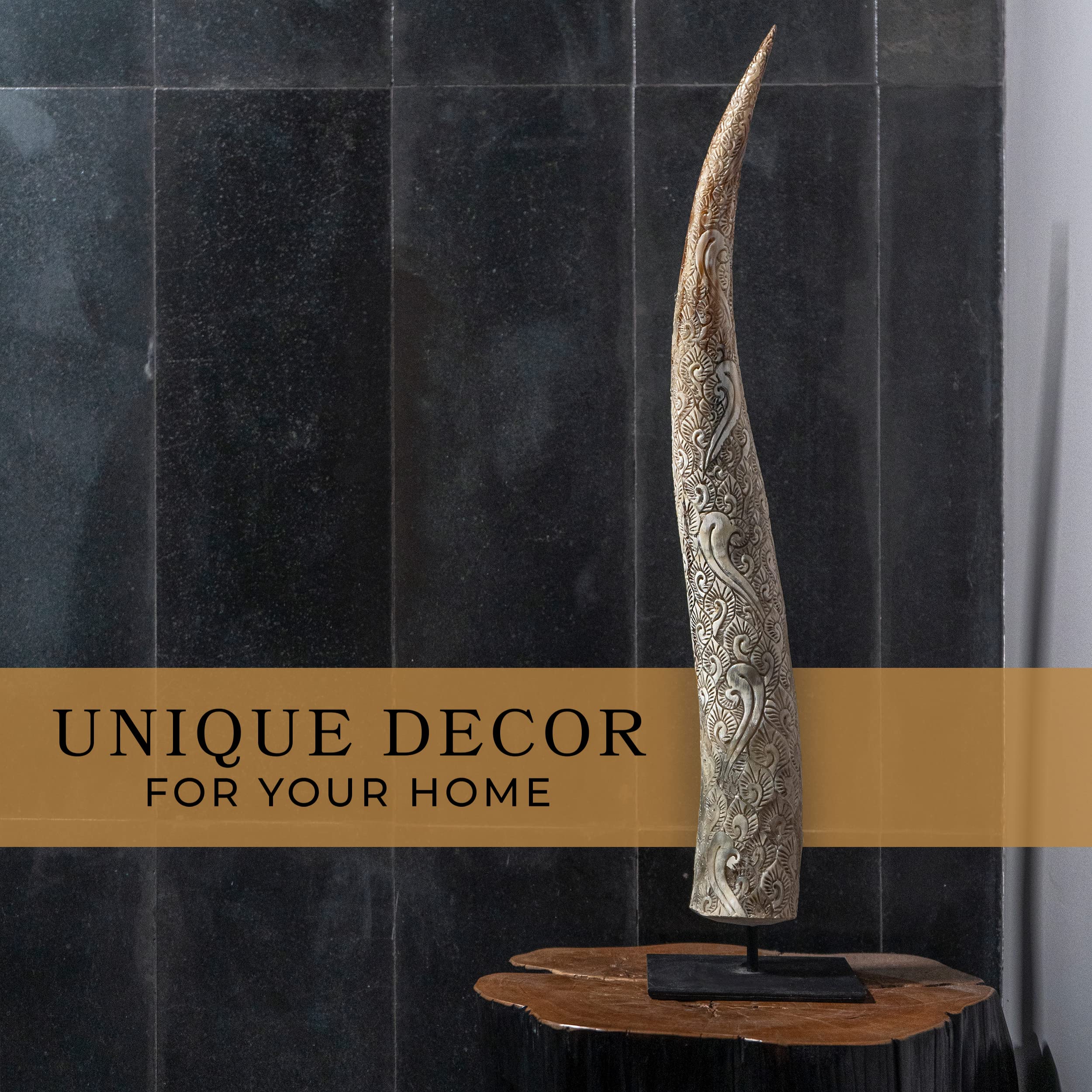 Skull Bliss - Authentic Real Bull Longhorn - Sari/Carved Steer Horn on Stand/Unique Viking Home Table and Desk Decor/Decorative Horn Sculpture