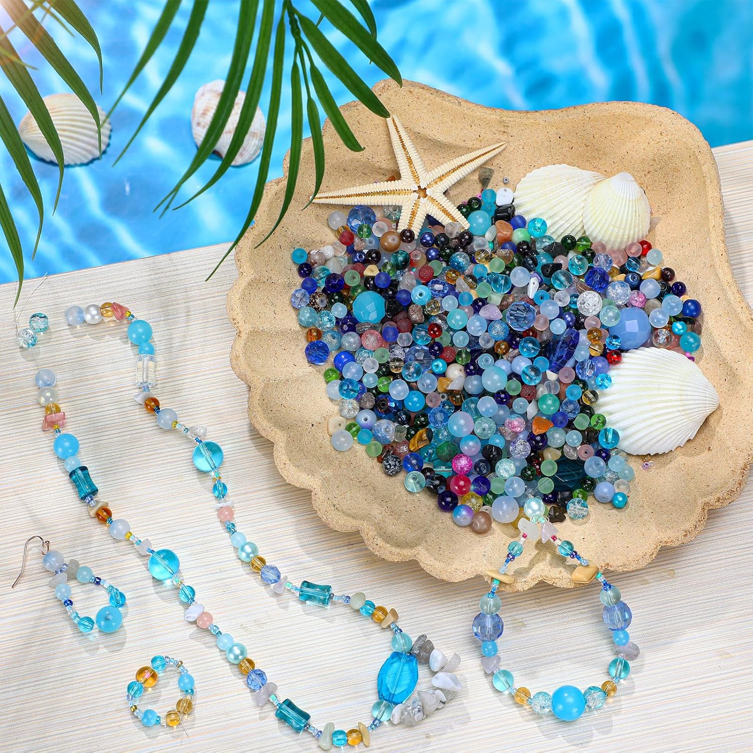 Sureio 1300 Pcs Assorted Glass Beads for Jewelry Making, About 0. 9 Pounds Multicolor Crystal Stone Beads Bulk, 5-13mm DIY Lamp Work Arts and Crafts Decorative Hobby Artistry Making Supply(Ocean Blue) thumbnail