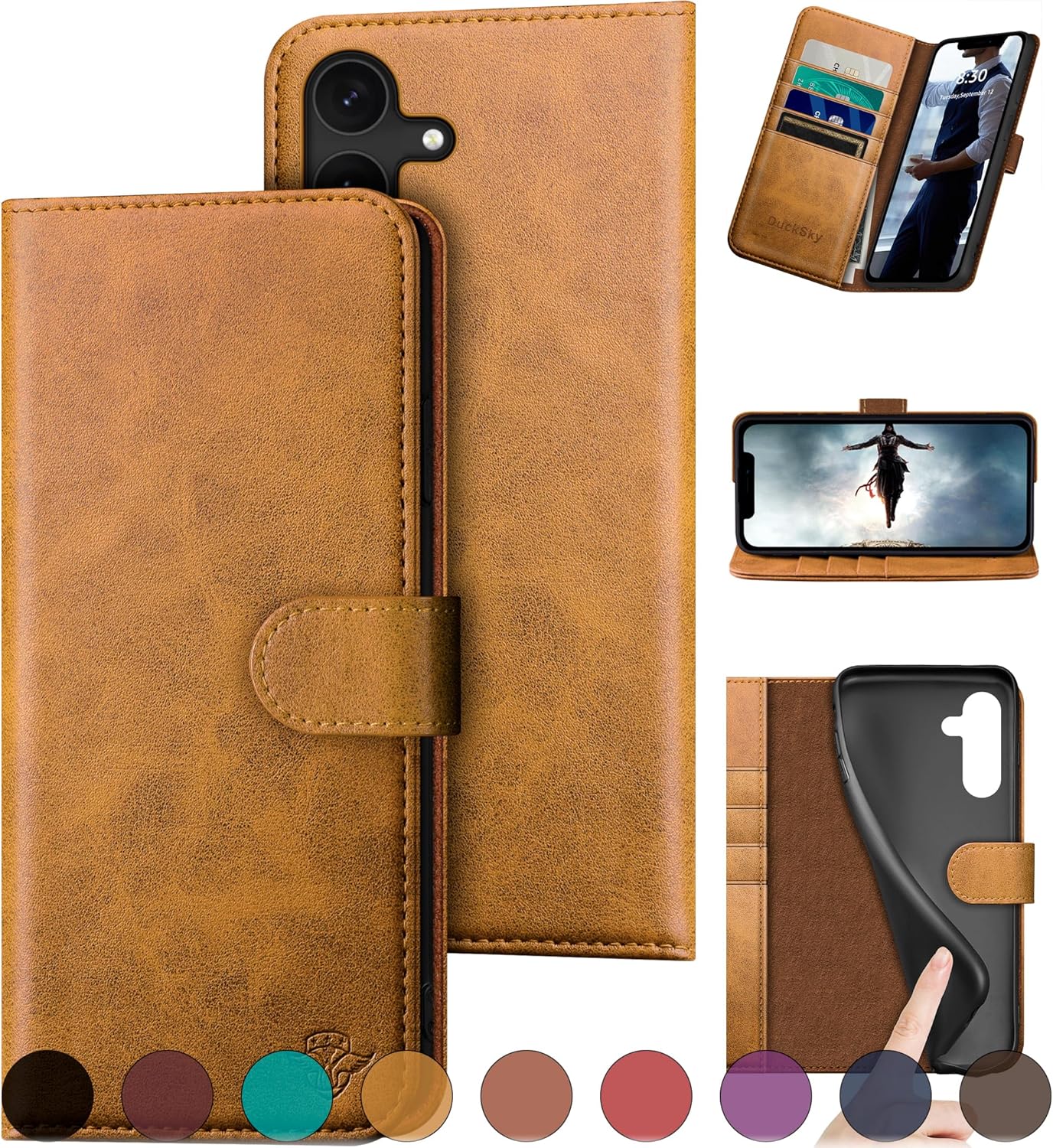 DuckSky for Samsung Galaxy S23 FE Genuine Leather Wallet case 【RFID Blocking】【4 Credit Card Holder】【Real Leather】 Flip Folio Book Phone case Protective Cover Women Men for S23FE case Khaki