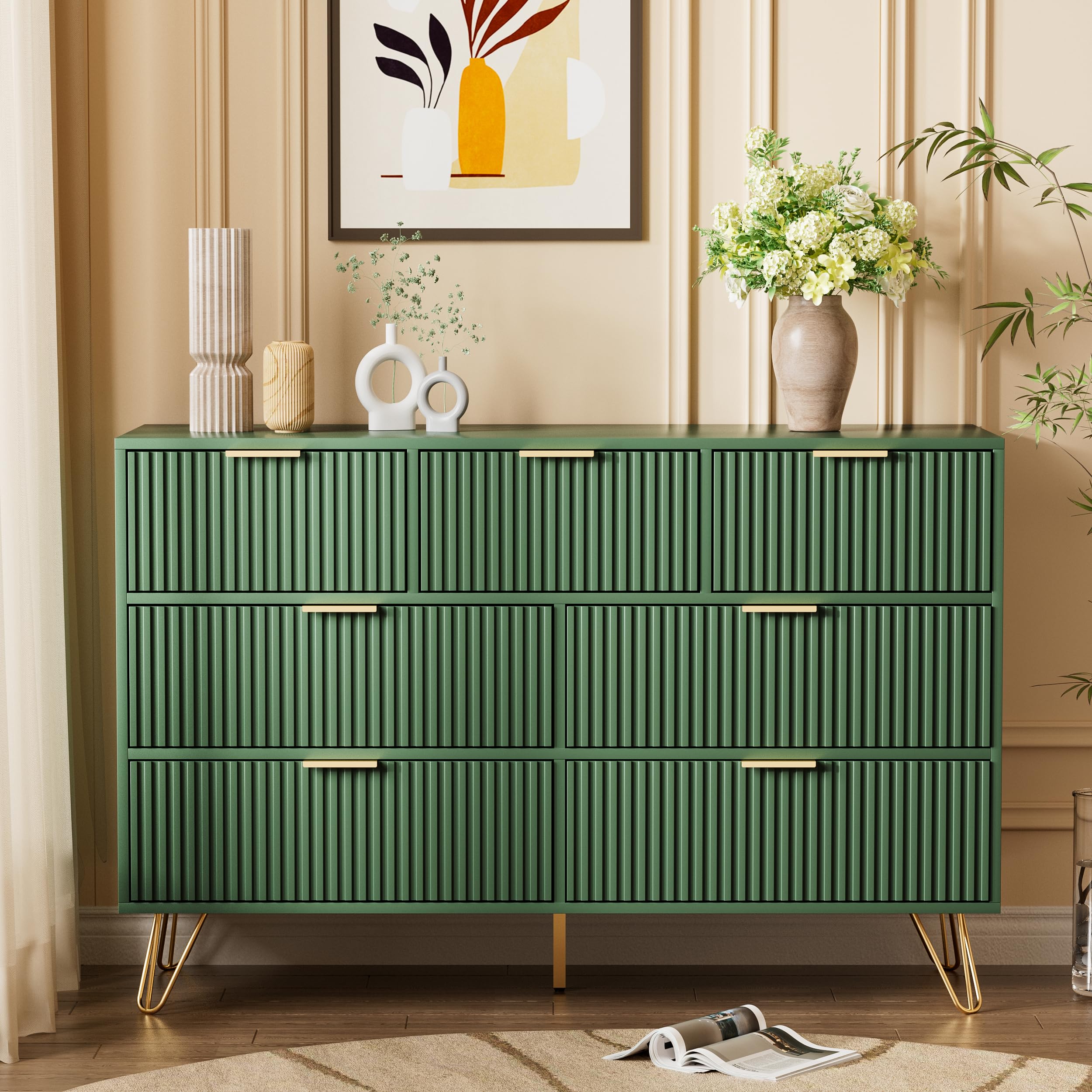 Condition photo showing As Is for furniway dresser for bedroom, fluted modern dresser with gold pulls and 6 drawers, 15.7" d x 47.2" w x 31.4" h, keylime green