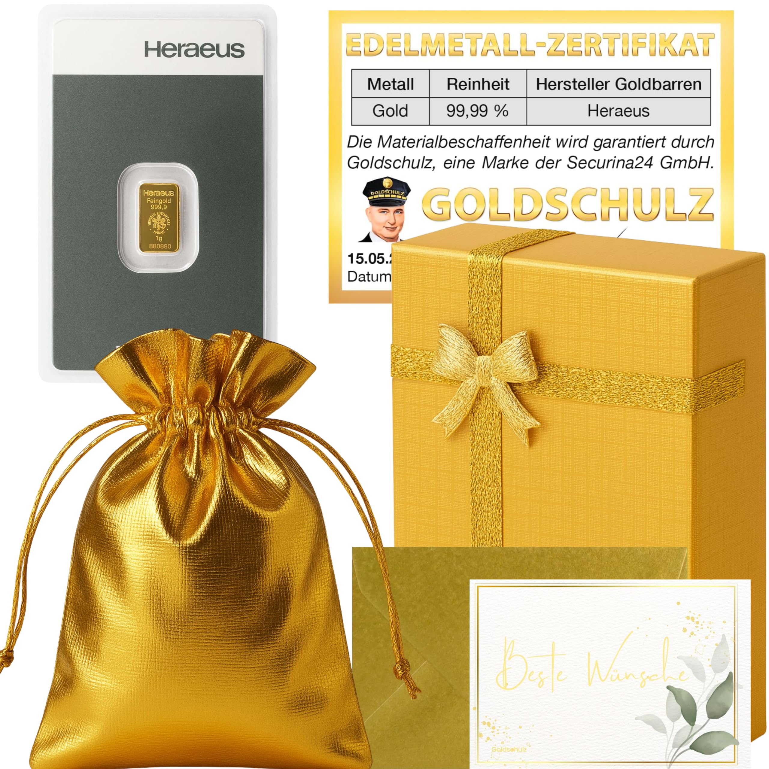 Gold zum verschenken Goldbarren Heraeus 1g 1 Gramm Geschenkset - Geschenk + Echtheitszertifikat
