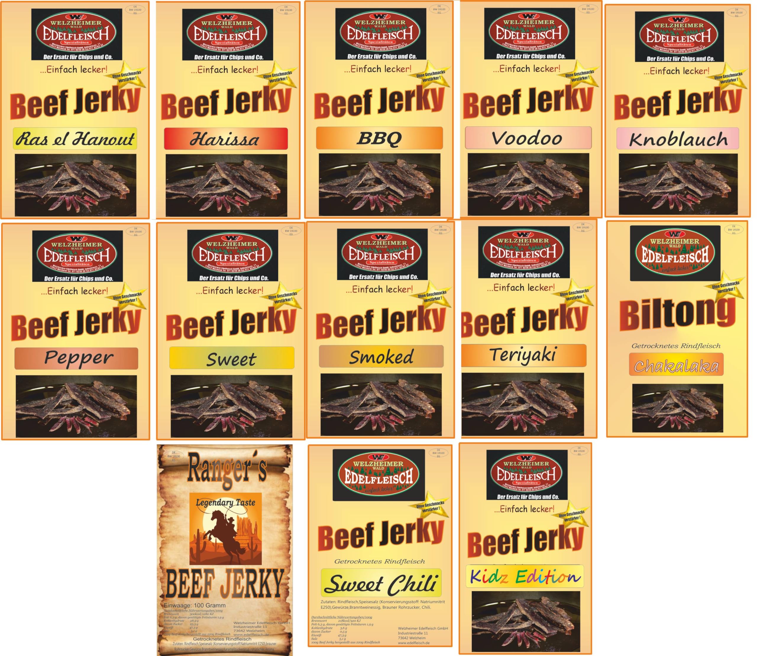 Edelfleisch 1300 Gramm 13 Sorten Biltong Beef Jerky Trockenfleisch fein geschnitten Neue Collection Top Preis