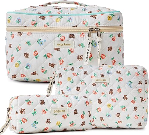 HBselect Bolsa de maquillaje de 3 piezas para mujeres, bolsa organizadora de maquillaje de viaje grande de algodón, bonita bolsa de aseo de flores