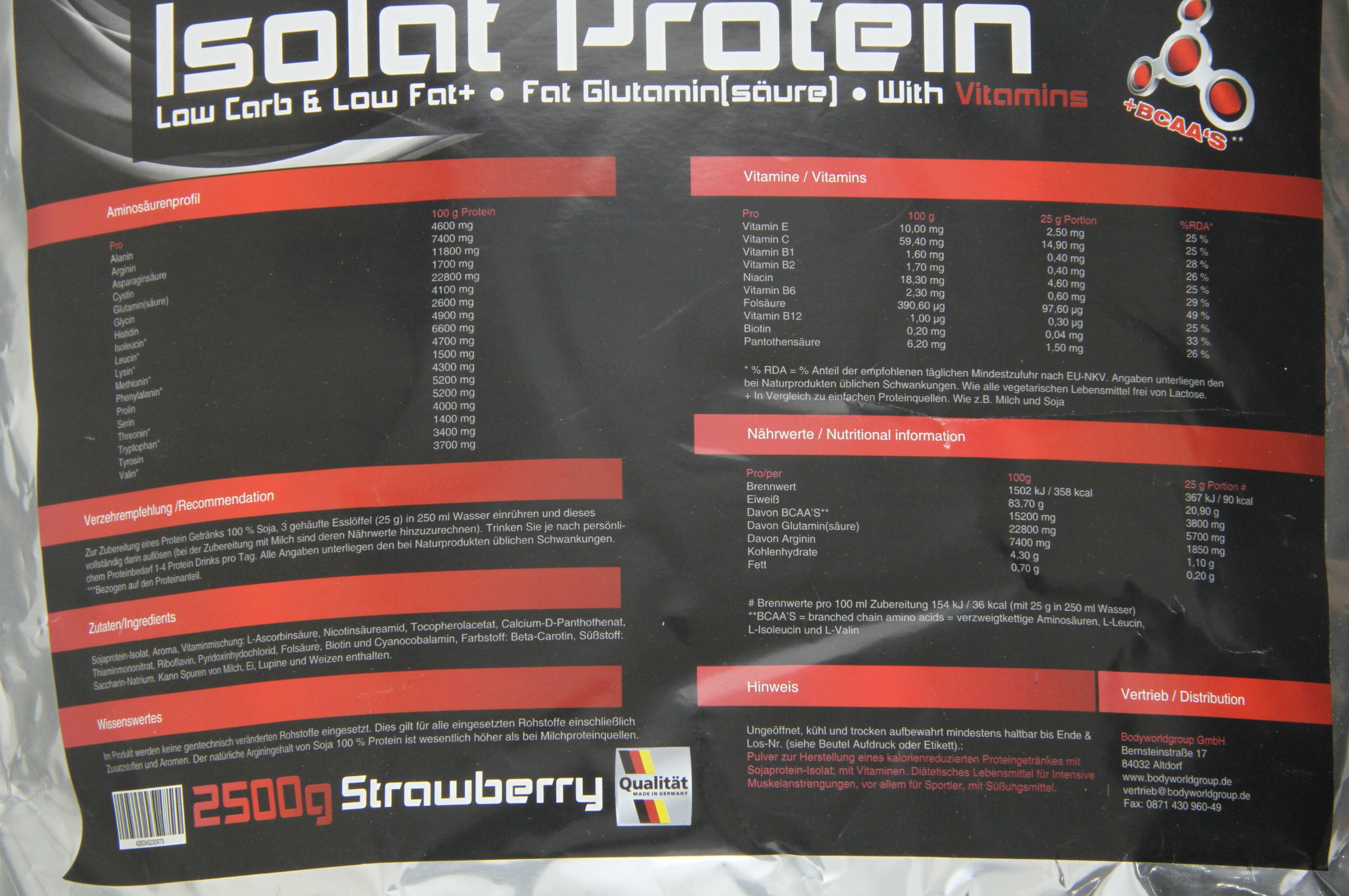 BWG Soja Isolat Protein Shake, 100% (Vegan und Laktosefrei) rein pflanzliches Eiweiss Pulver, Premium Sojaeiweiß, ohne Gentechnik, Strawberry, 1 x 2500 g