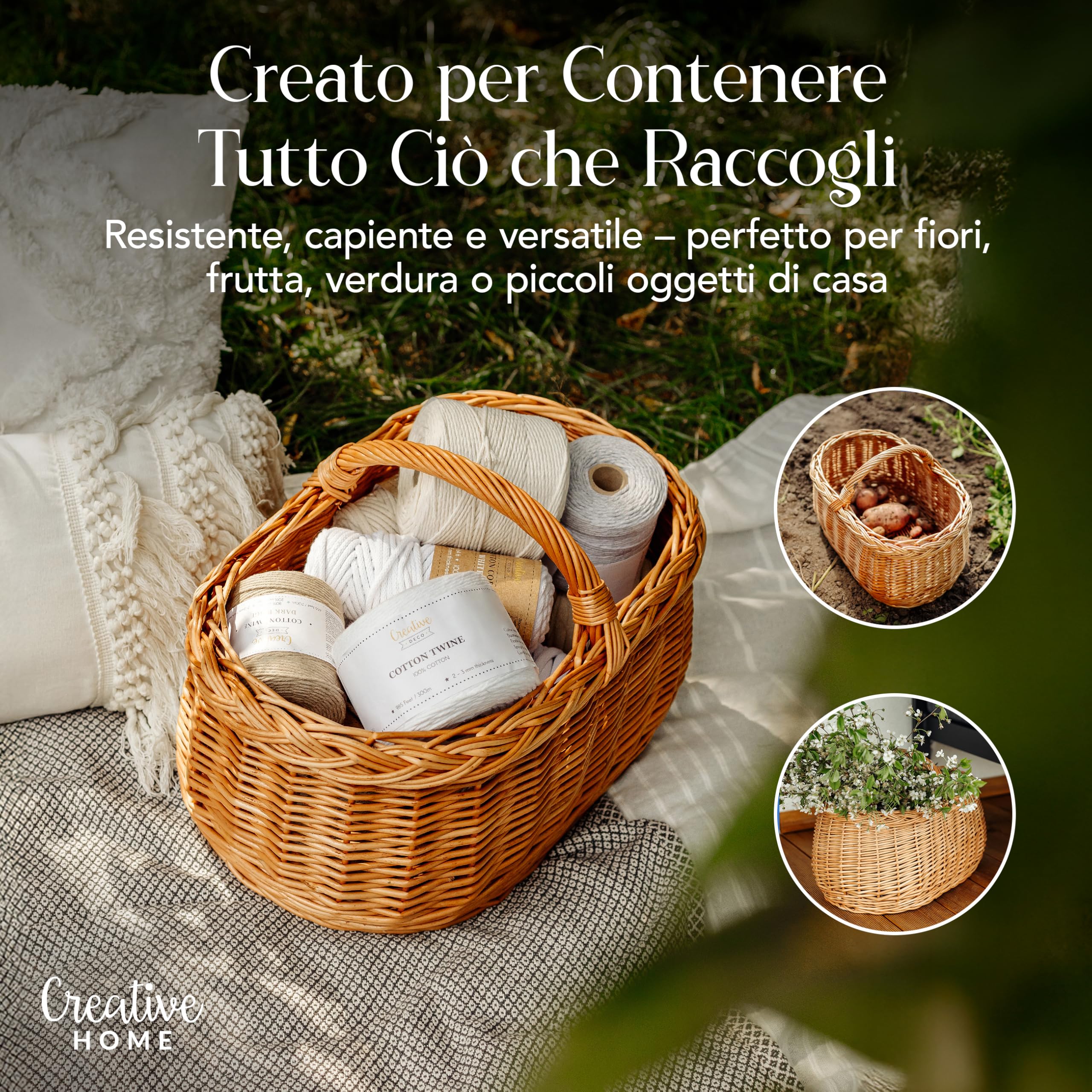 Creative Home Cestino in Vimini con Manico e Treccia | Cestino per Auto, Cesto Funghi Picnic | 45 x 32 x 34 cm (+/- 1 cm) | Intrecciato a Mano, Durevole | Salice Naturale Marrone Spesso | Multiuso