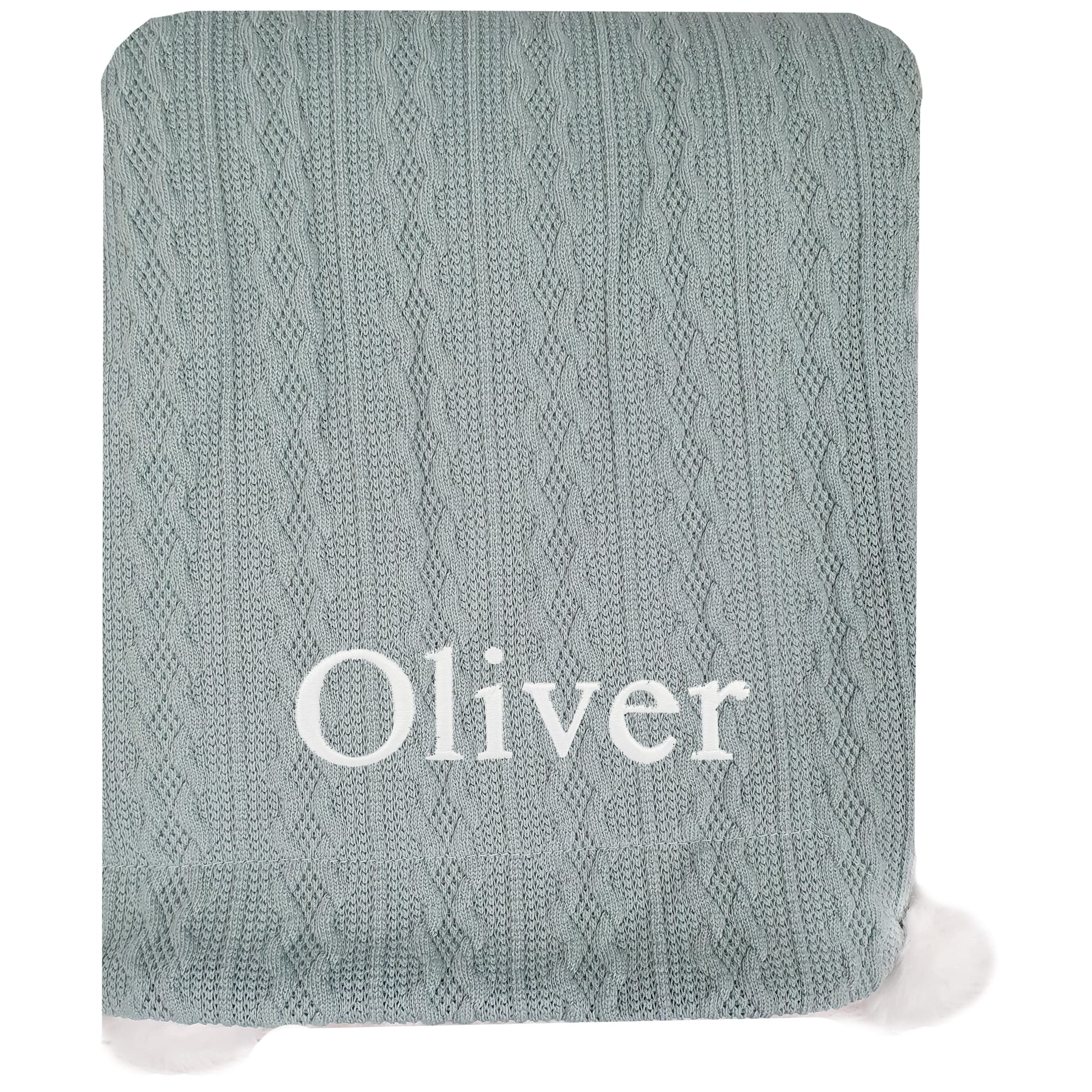 Kids Essentials Baby Boy Girl Personalised Cable Knit Pom Pom Blanket Sherpa Thick Blanket (Sage Green), 75 x 90cm