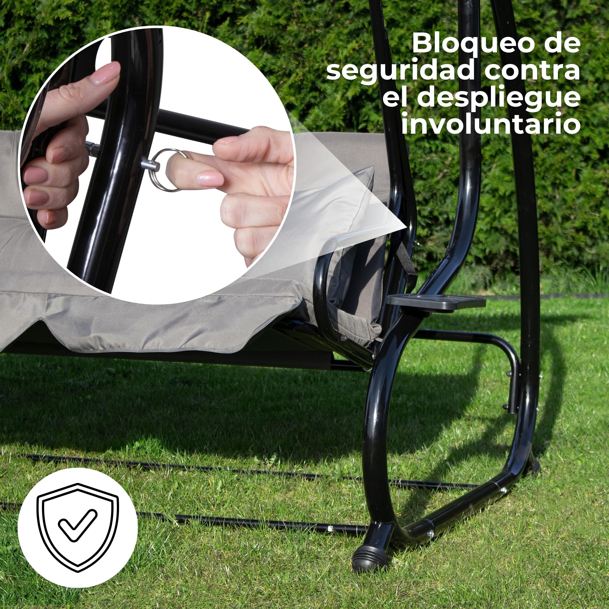 SPRINGOS Columpio de jardín de 4 plazas, 220 x 162 cm, con 2 cojines, soporte para bebidas y función reclinable, resistente a la intemperie para jardín, balcón y terraza