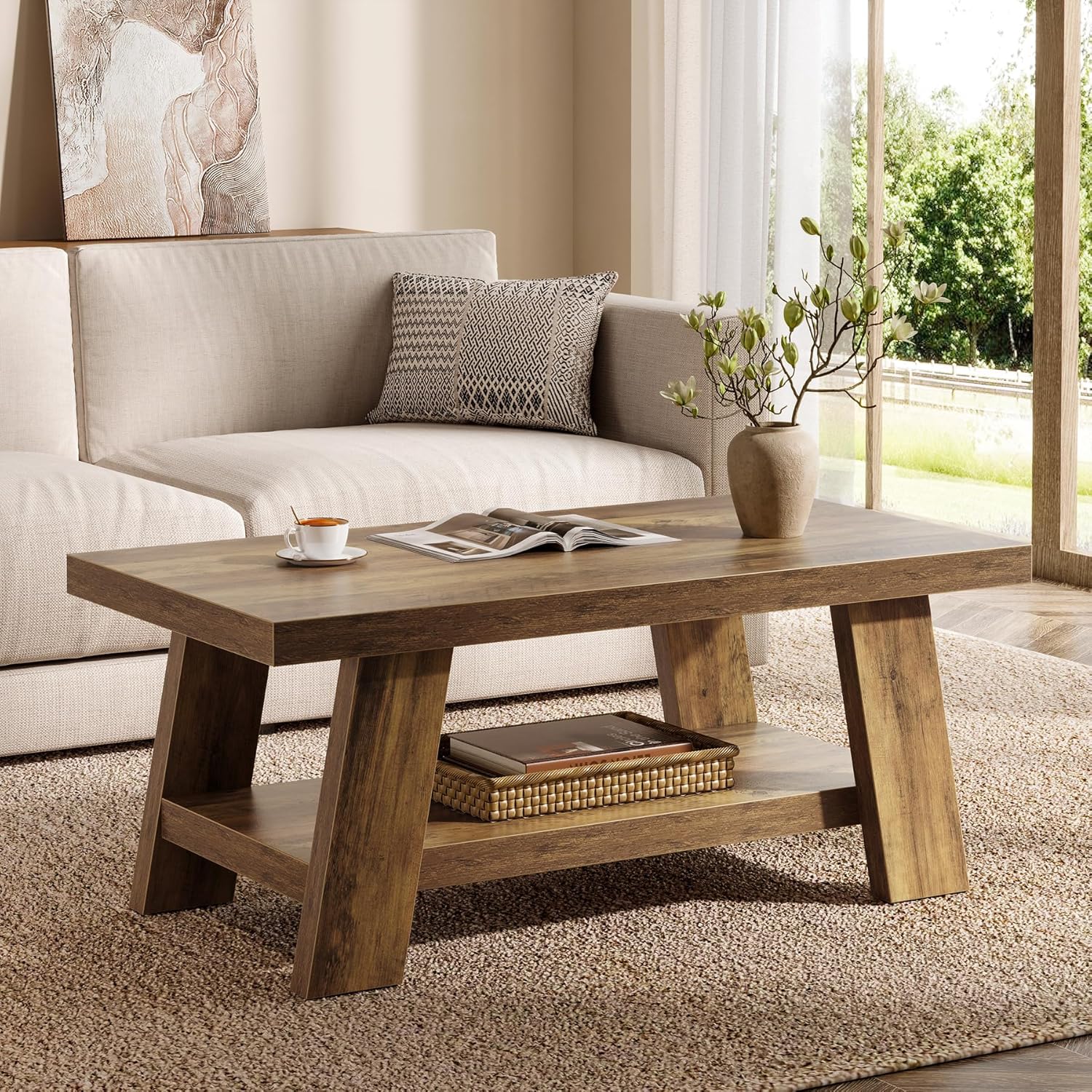 Tribesigns Farmhouse Coffee Tables for Living Room, 47.24" Rectangle Coffee Tables with Storage Shelves, Rustic Wooden Center Table for Apartment, Home Office (Rustic Brown)