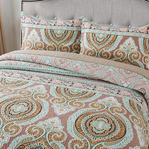 Miniatura 2 de NEWLAKE Juego de edredón de colcha de algodón, juego de colcha estampada reversible, patrón de diseño llamativo