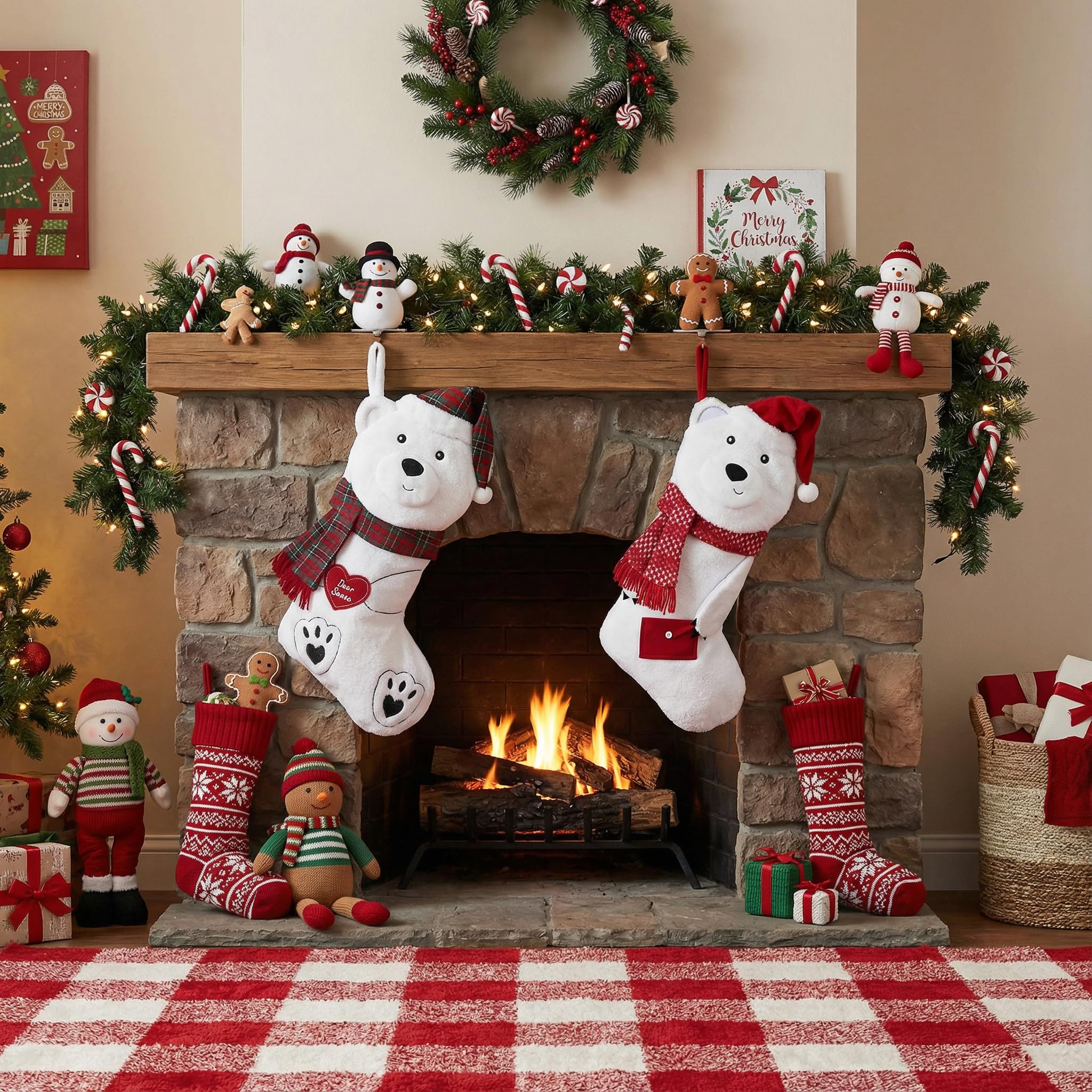 Valery Madelyn Chaussettes de Noël en tissu rouge et blanc de 53,3 cm - Ours en peluche mignonne câlinant un cœur mignon - Décoration à suspendre pour cheminée de Noël