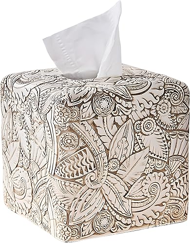 Caja de pañuelos cuadrada tallada de madera vintage con hojas tropicales, soporte para caja de pañuelos, soporte de papel facial para encimera de