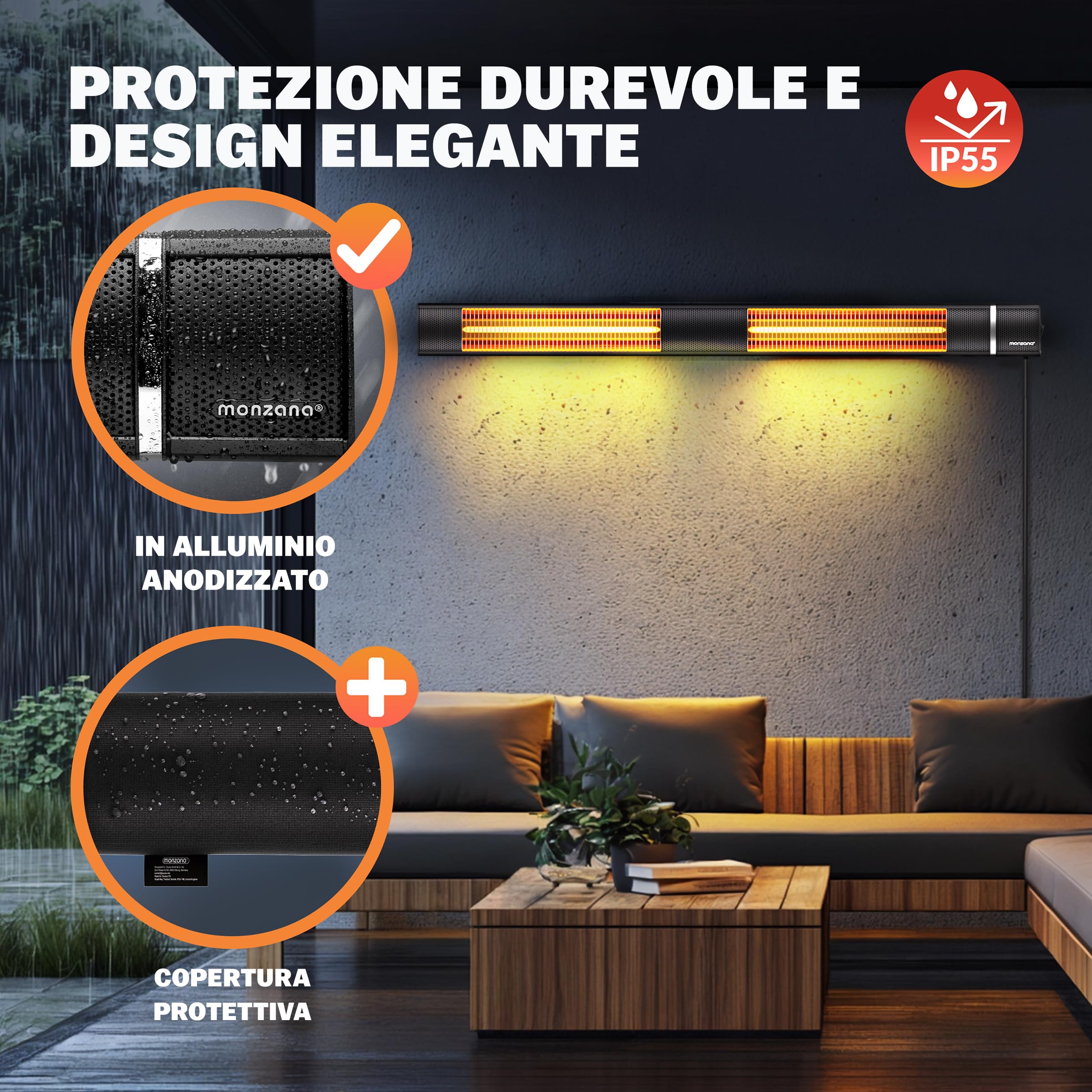 MONZANA® Stufa Elettrica a Infrarossi 3 Livelli di Calore 3000W Inclinabile 90° Telecomando App Riscaldamento Esterno