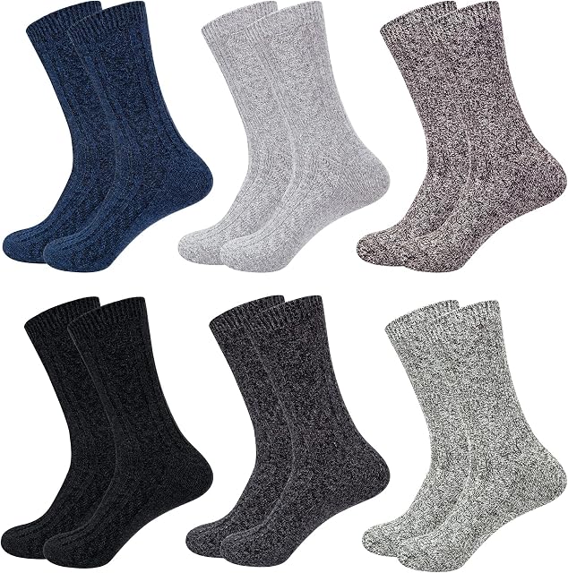 6Pcs Men Winter Merino Wool Socks Thermal Thick Wool Socks Warm Breathable Knitting Cotton Socks for Hiking Trekking Gift for Women Men Black/Dark gray/Light Gray/Brown/Dark Blue/Green UK4-8
