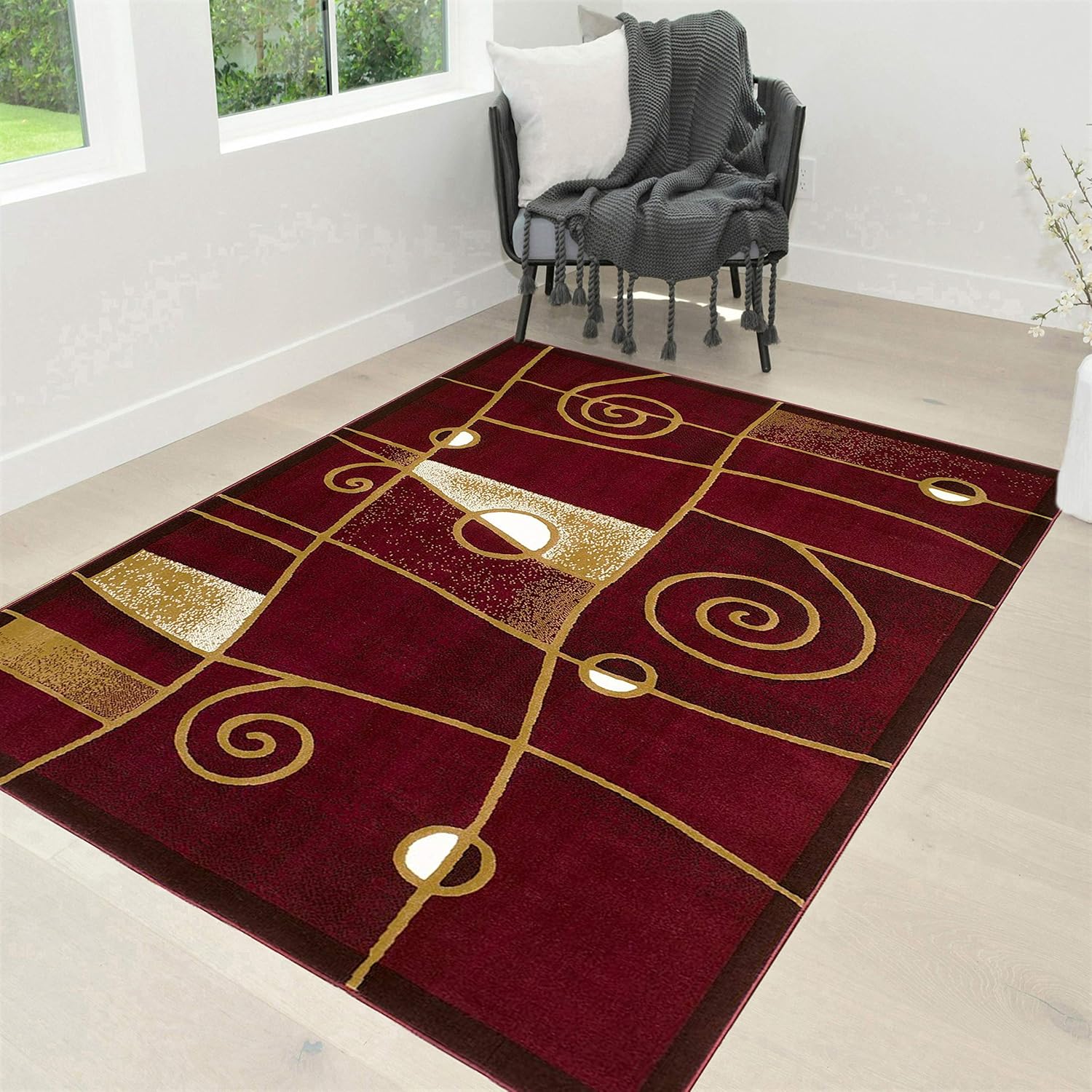 HR-Modern Contemporary Area Rugs-Abstract Carpet with Wavy Swirls -Shed Free Burgundy Red/Beige/Ivory/Black