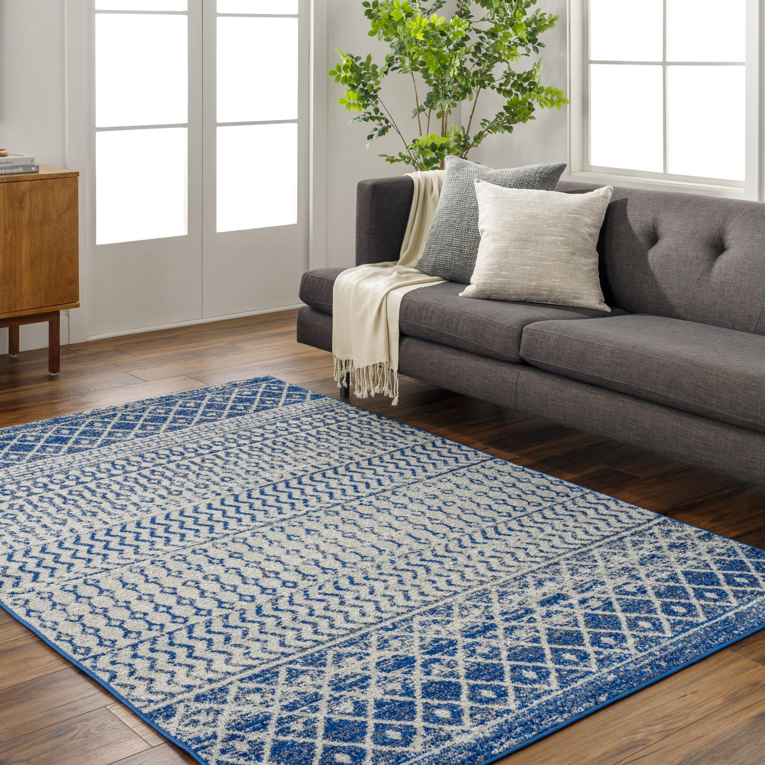 Livabliss Area Rugs - 2x3 Chester Boho Moroccan Blue Rug for Living Room Bedroom - Gray White Geometric Stain Resistant Carpet for Nursery, Kitchen