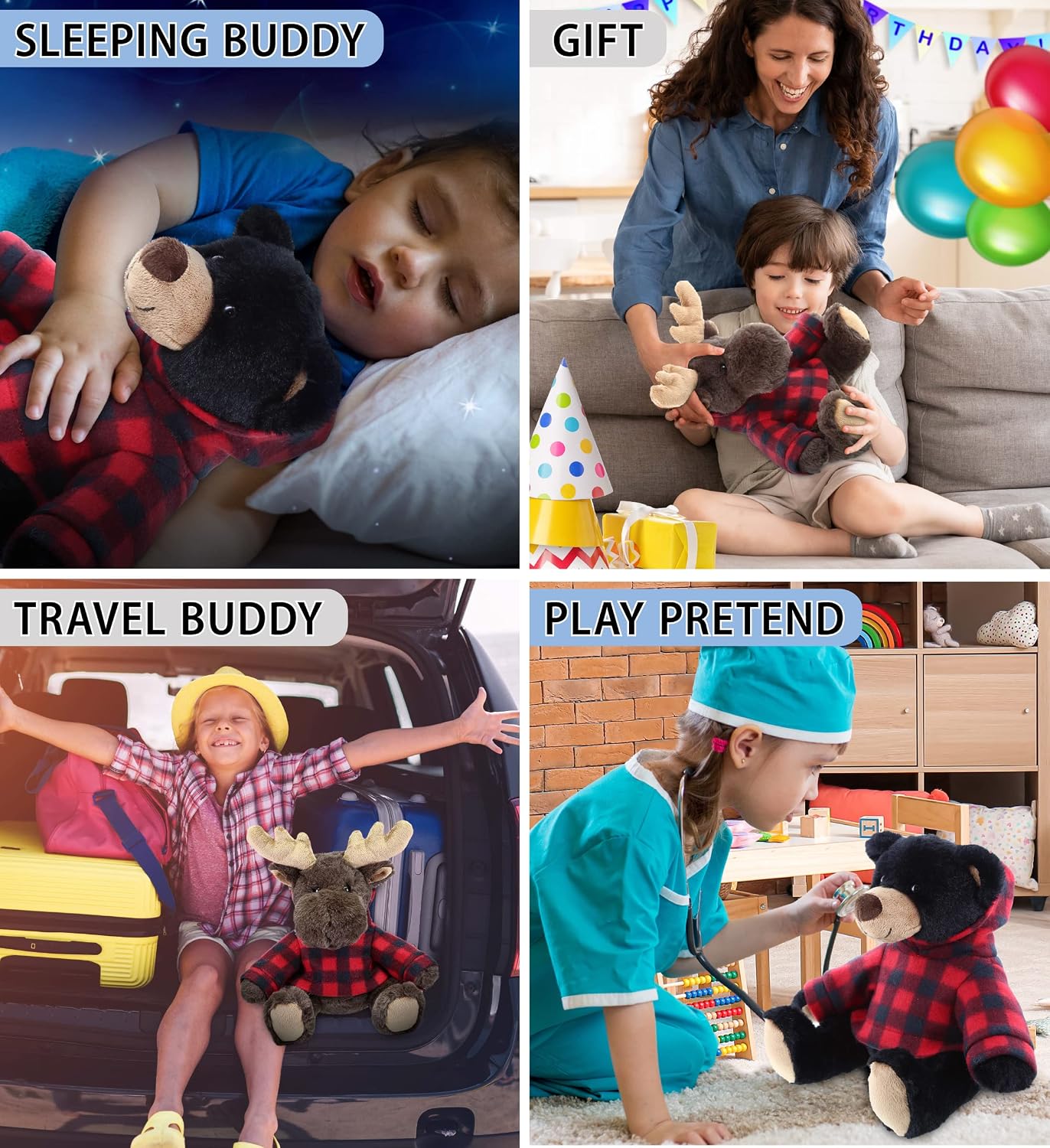 DolliBu Plush Black Bear and Moose with Red Plaid Hoodie - Soft Huggable Adorable Playtime Zoo Plush with Clothes, Cute Wildlife Cuddle Gift for Kids and Adults - Set of 2
