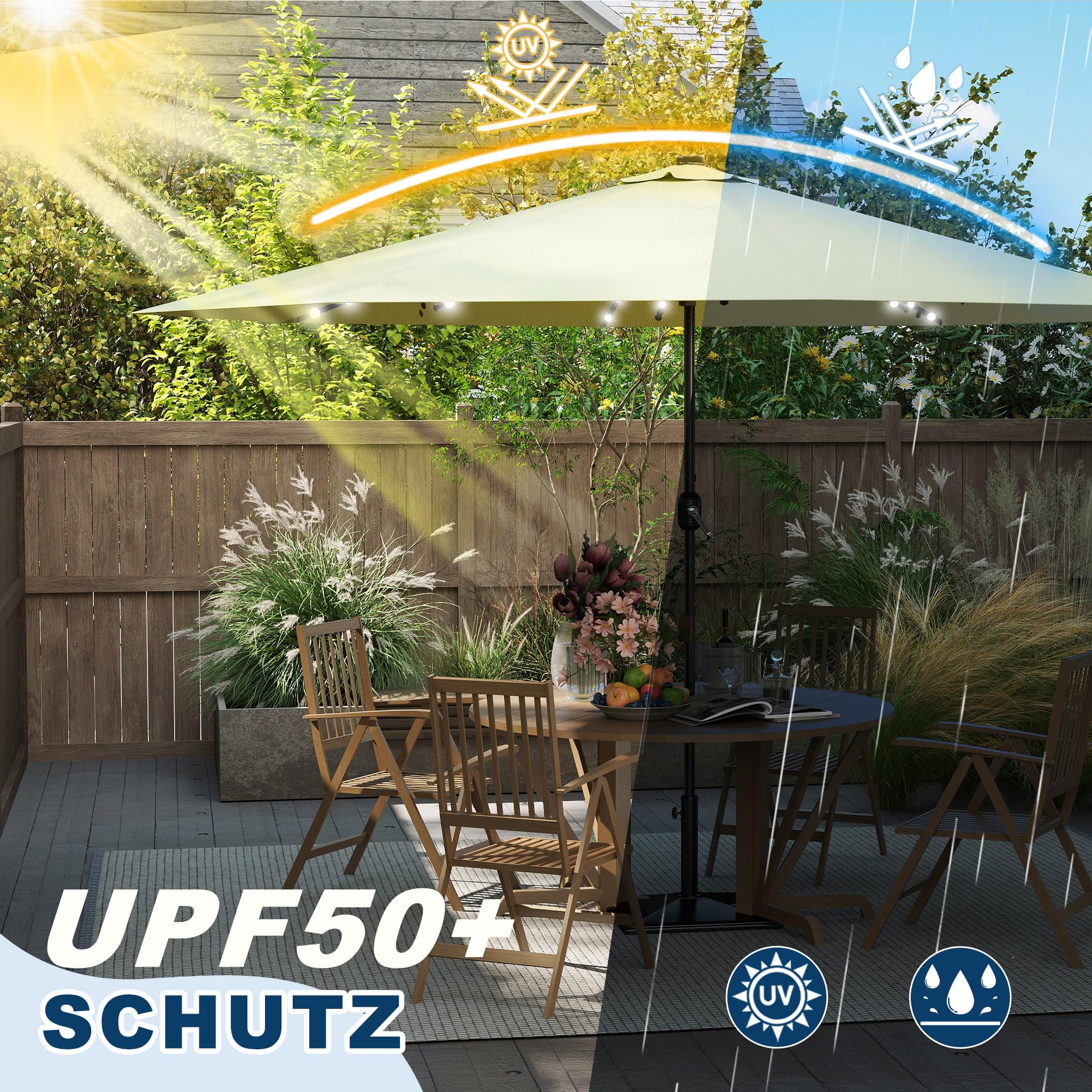 Froadp 350cm Ombrellone da Giardino con Manico Parasole in Alluminio Direzione di Inclinazione Regolabile Ombrello Ottagonale da Esterno Pieghevole per Balcone Terrazzo Spiaggia (Beige con LED)