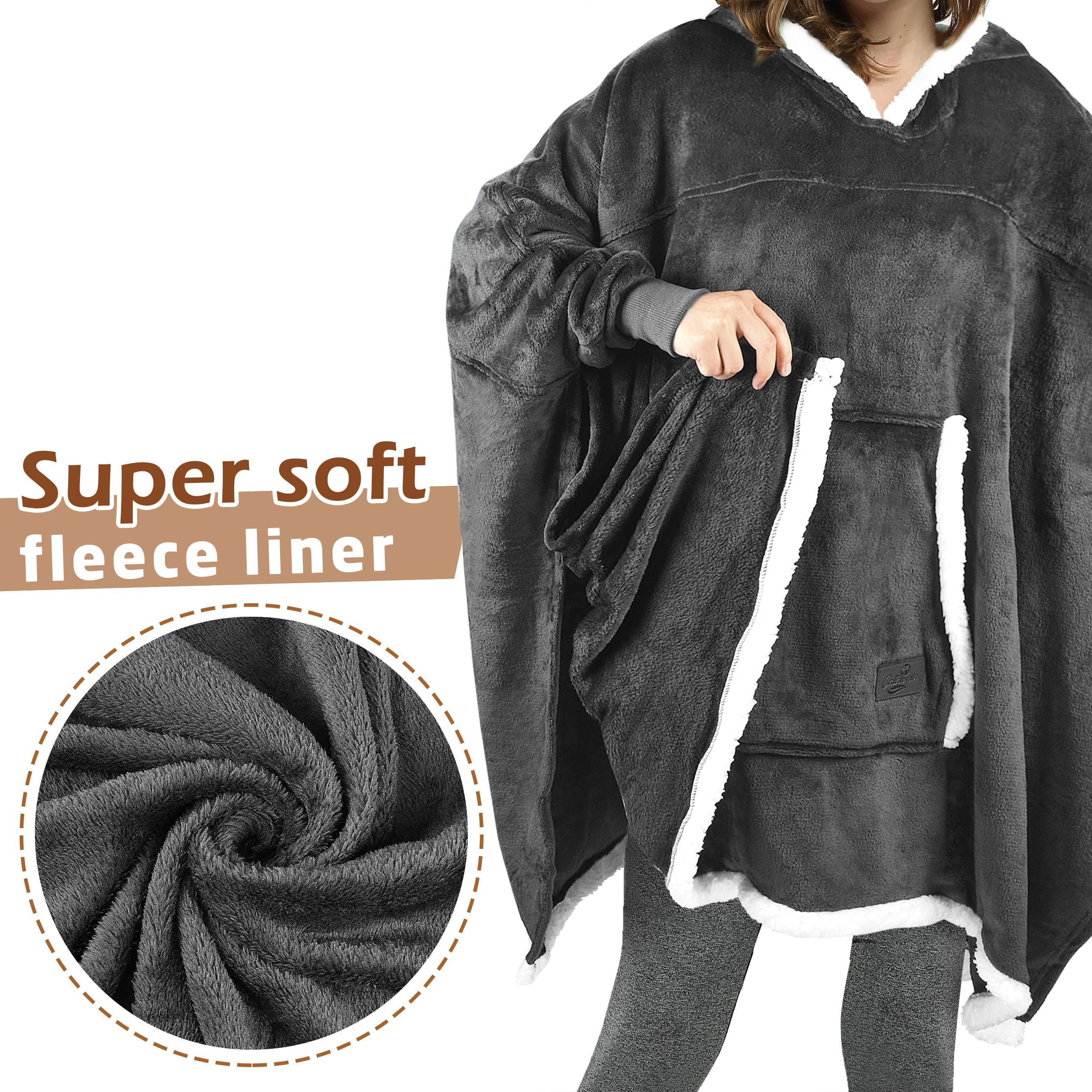 Catalonia Classy Oversized Sherpa poncho-deken, draagbare hoodie-dekens, zacht, behaaglijk, warm reuzensweatshirt hoodie voor volwassenen, vrouwen, mannen, donkerblauw