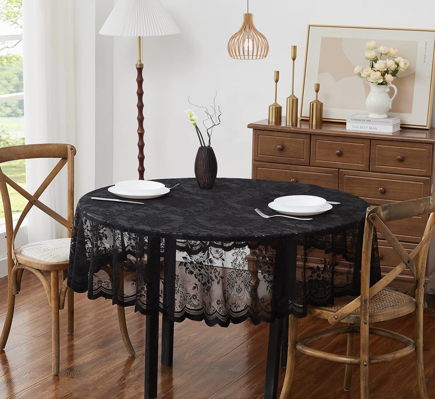 120 Inch Black Round Lace Tablecloth. Classic Elegant Floral Pattern is Ideal Choice for Any Luxury Dining Room, Birthday, Wedding or Holiday Celebration. LUT Black Rou 120"