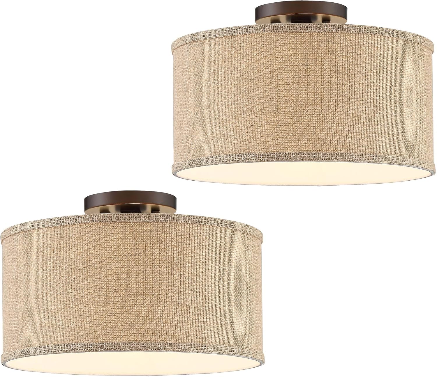 360 Lighting Adams Rustic Farmhouse Country Cottage Core Close to Ceiling Light Semi Flush Mount Fixtures Set of 2 Bronze Burlap Fabric Drum Shade Bedroom Hallway Living Room Dining Room Bathroom