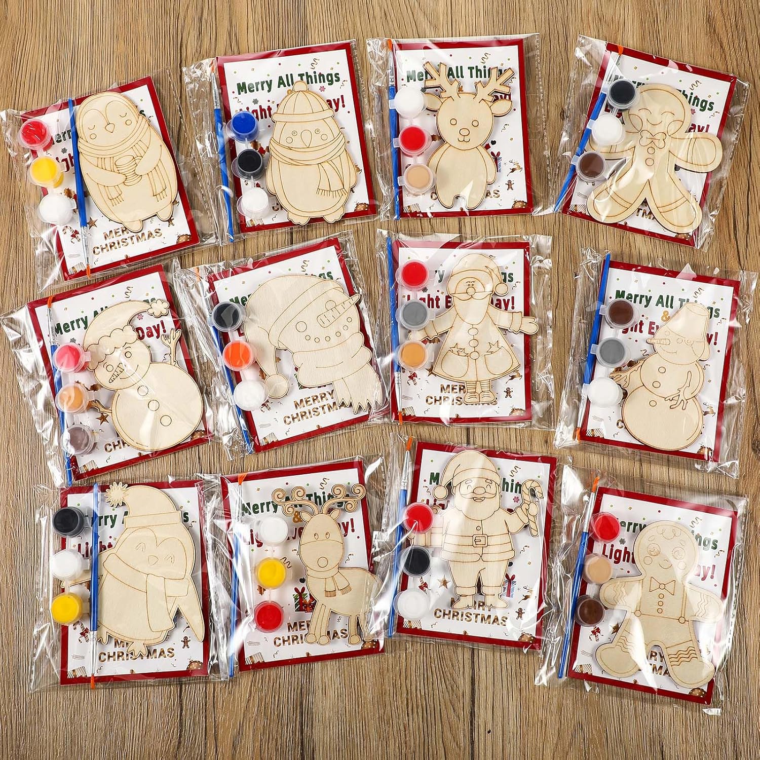 12 Set Christmas Crafts Painting Kit Christmas Wooden Slices Cutouts Art DIY Craft Wooden Painting Party Supplies Santa Snowman Candy Xmas Ball Elk Penguin Gingerbread for Xmas Party Gift(Classic)