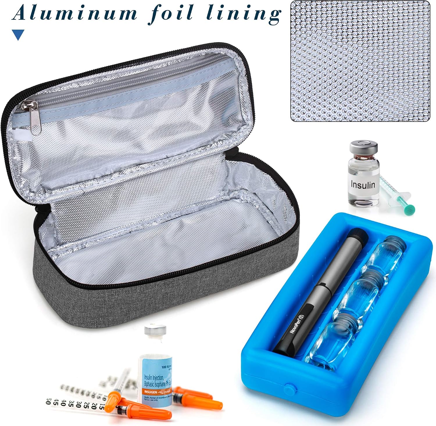Luxja Insulin Case with an Ice Pack, Insulin Vial Protector Holds 6 Vials (10ml) or 2 Insulin Pens, Gray (Bag Only)