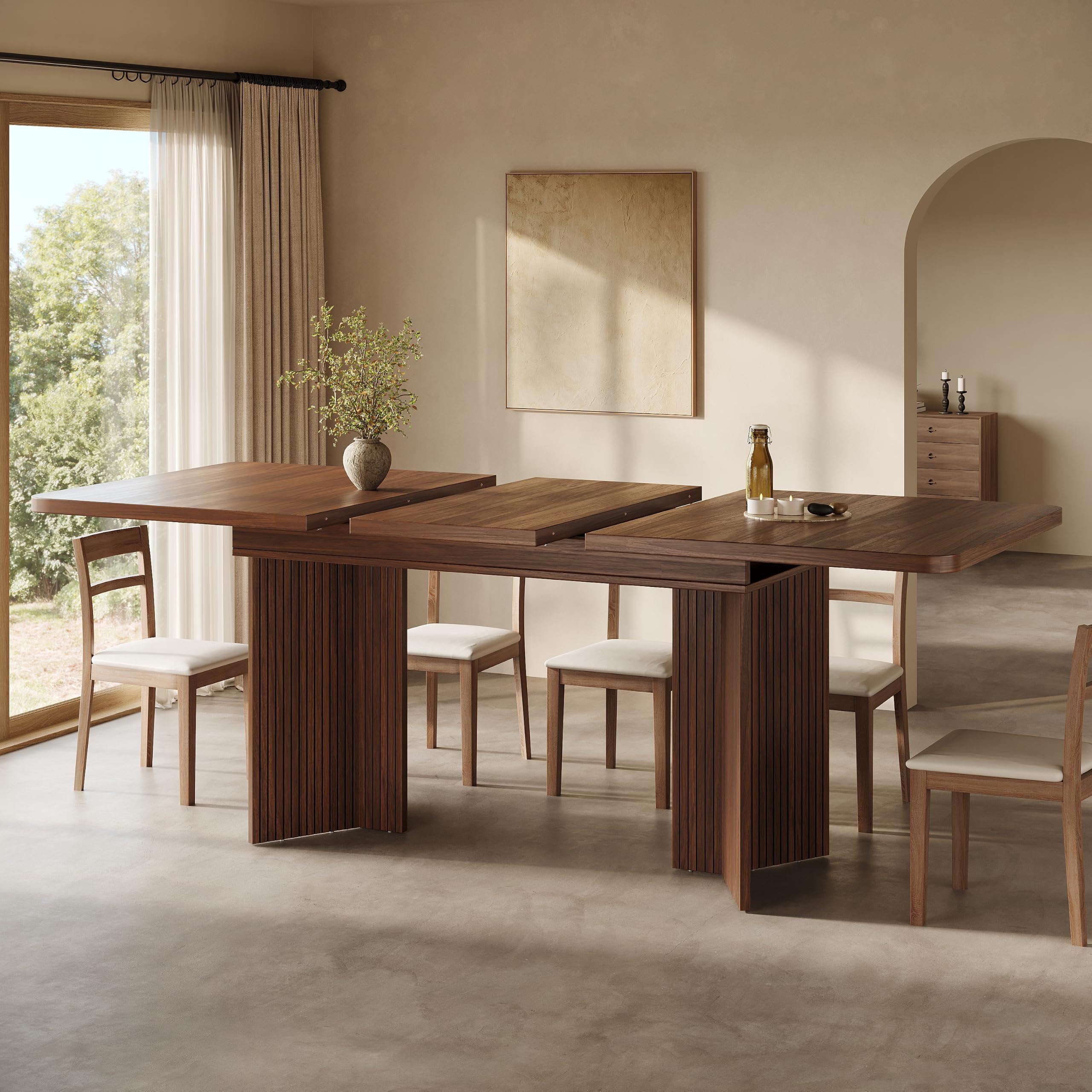 Table à Manger Extensible 120-160 cm, Table Salle à Manger Rectangulaire avec Pieds en V à Riffles Verticales, Table de Cuisine en Bois, Design Moderne pour Salle à Manger, Noyer