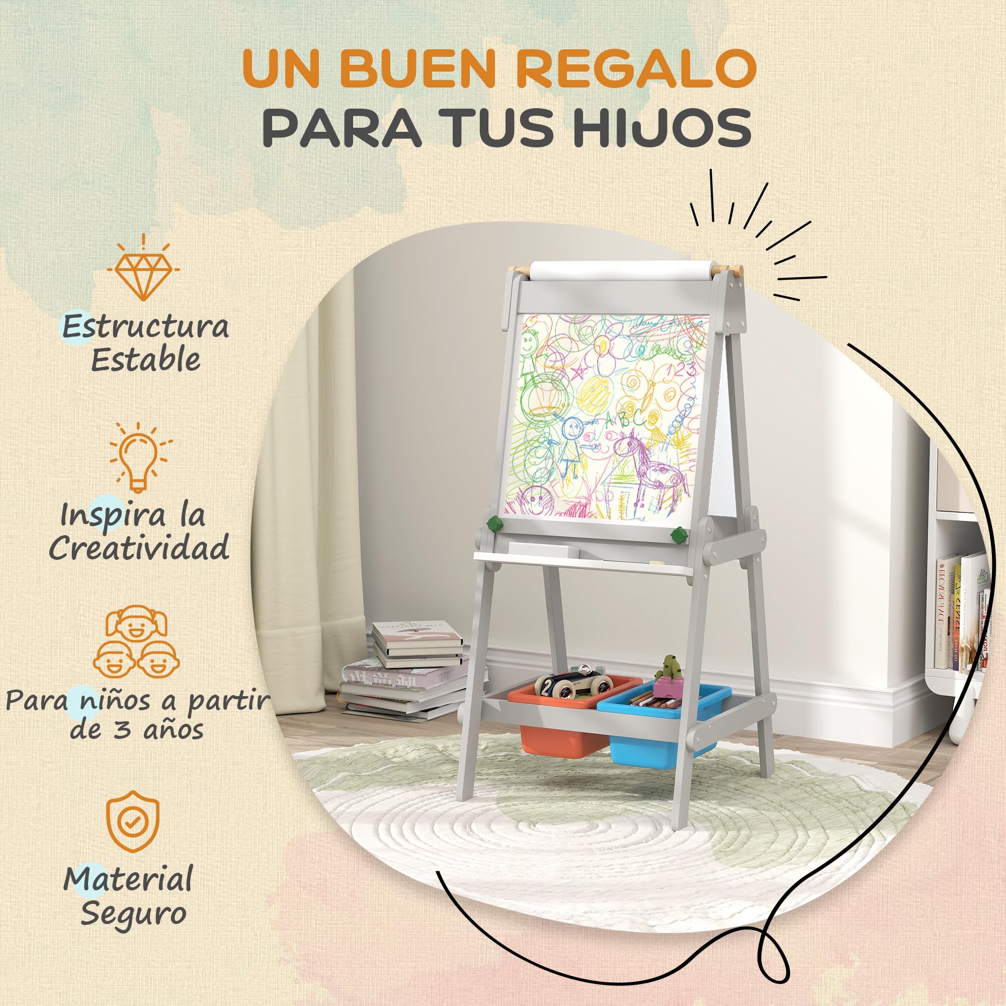 AIYAPLAY Pizarra Infantil Caballete de Pintura para Niños 3 en 1 Pizarra de Doble Cara con Borrador Rollo de Papel y Cajas de Almacenaje Gris