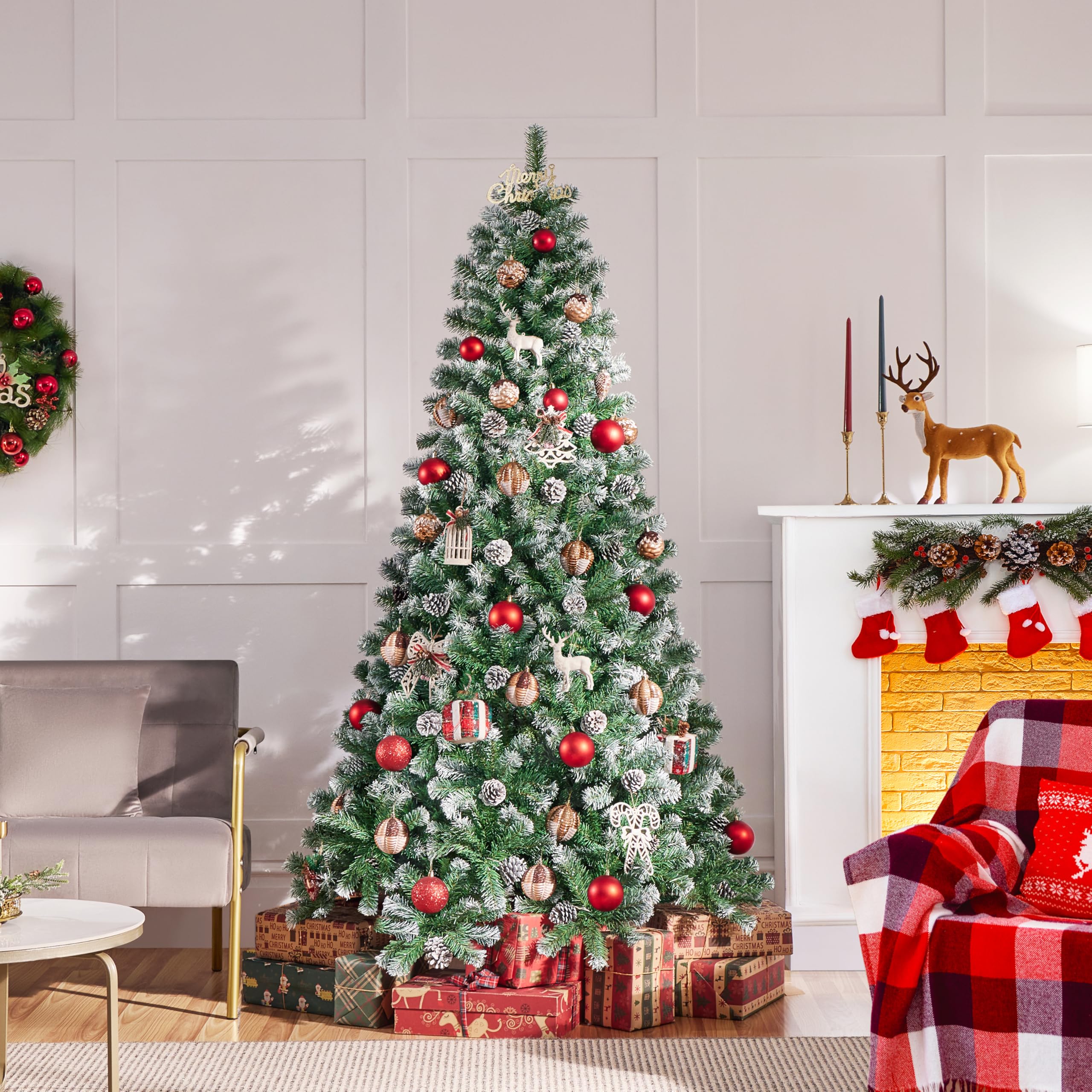 Yaheetech 183cm Árbol de Navidad Nevado Artificial 920 Puntas con 64 Frutas de pinos Soporte Metálico Plegable para Decoración Casa Oficina Fiestas Festivas