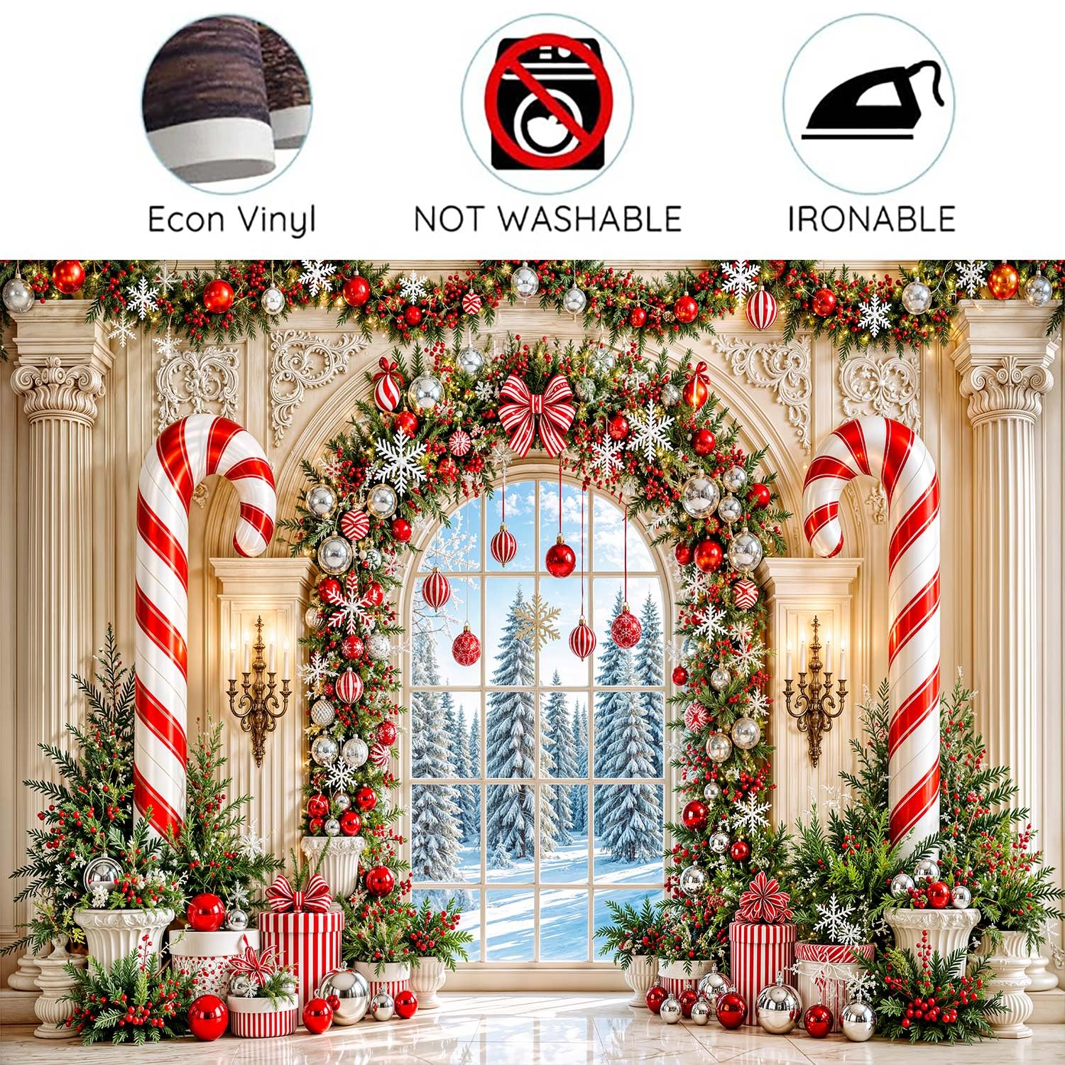 Arche enneigée Fenêtre Couronne de Noël Photographie Toile de fond Décoration de fête de Noël | Boîte cadeau en forme de sapin de neige pour Noël, hiver, vacances, famille, gâteau, table, photomaton, décoration 3 x 2,4 m