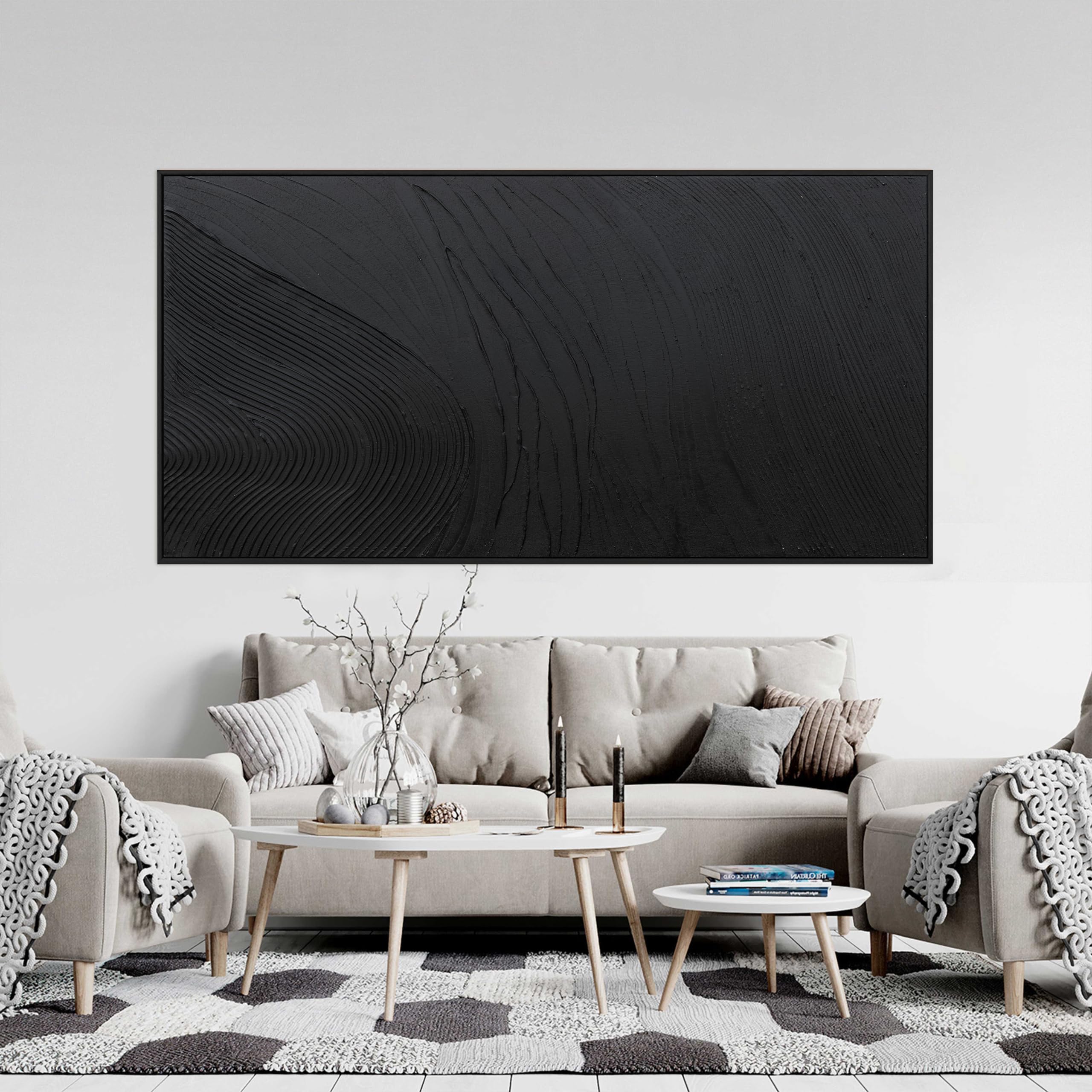 Arte de pared grande y moderno para sala de estar, lienzo abstracto, decoración de pared enmarcada grande, arte de pared negro, arte de pared pintado a mano, textura negra, obra de arte para paredes 4