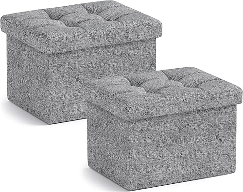 Miniatura 19 de Ornavo Home Otomana de almacenamiento pequeña, juego de 2, plegable, rectangular, de lino, otomano, reposapiés, para sala de estar, dormitorio, Azul