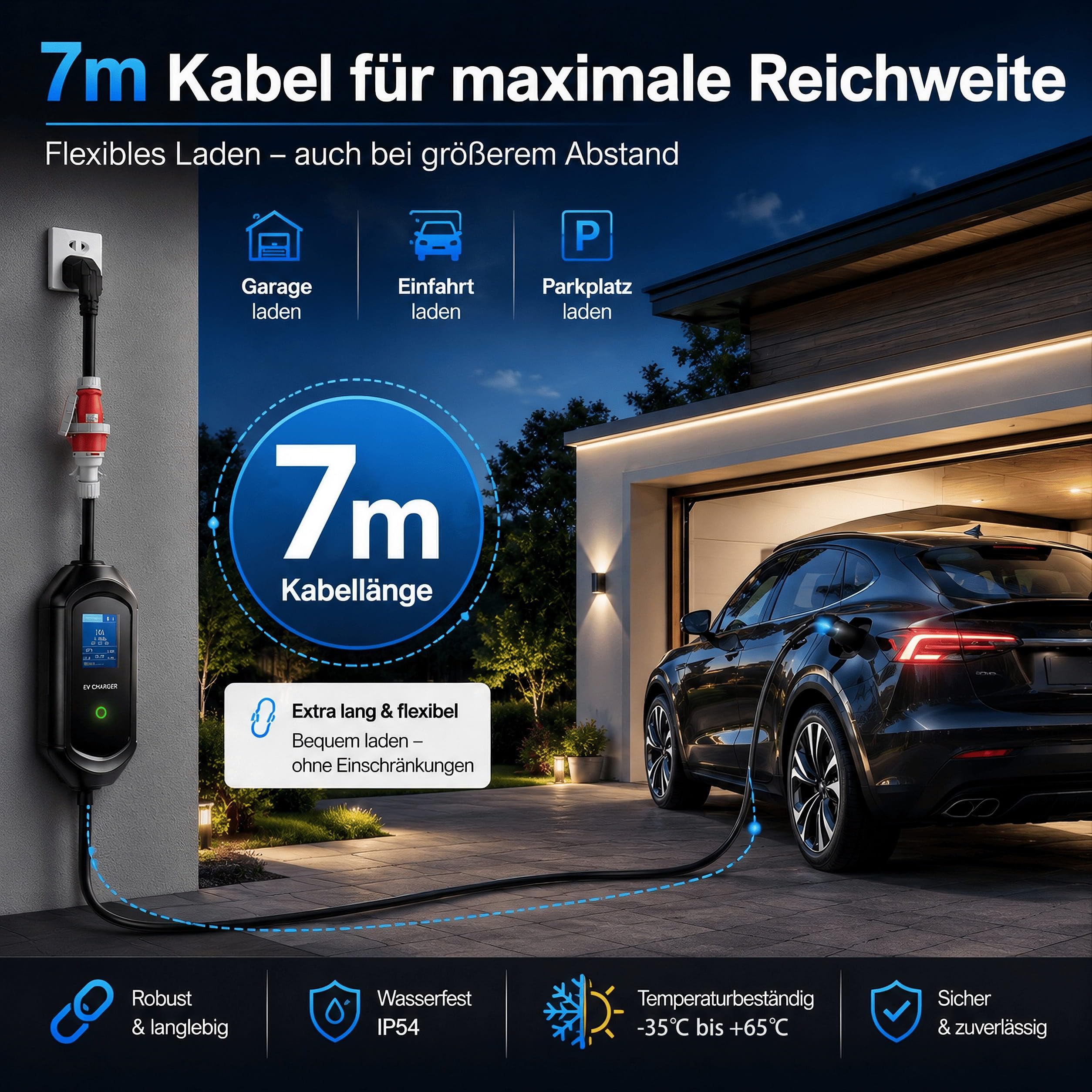 Mobile Wallbox 11kW mit App-Steuerung, Mobile Ladestation [7m | 3-phasig | 6–16A] mit Einstellbarer Ladeleistung, IP65 Wasserdicht, Ladekabel CEE 16A auf Typ 2 für BEV & PHEV