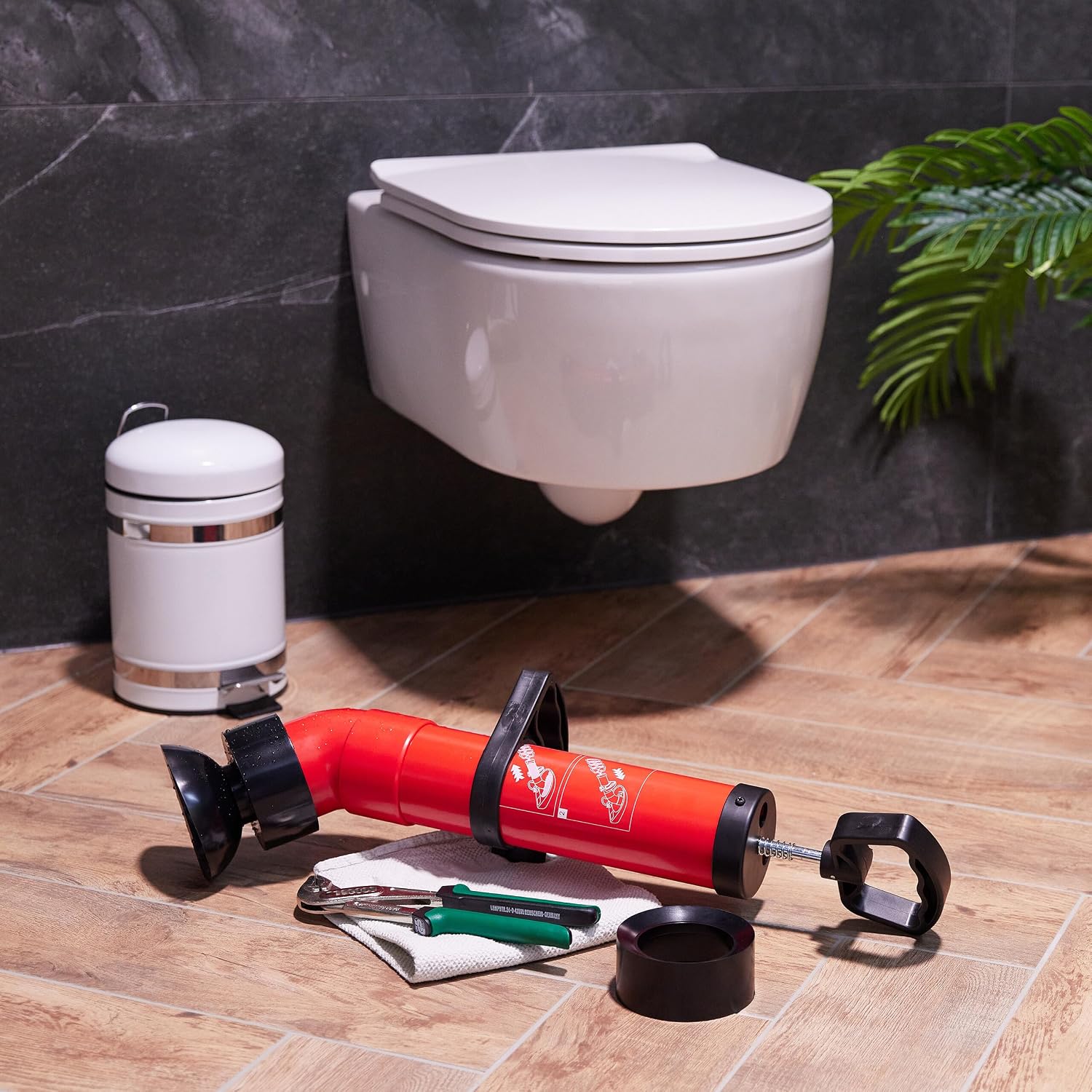 Relaxdays Pressure Pipe Unblocker, 2 Accessories, Shower, Sink, Chemical-Free Opener, Black/Red