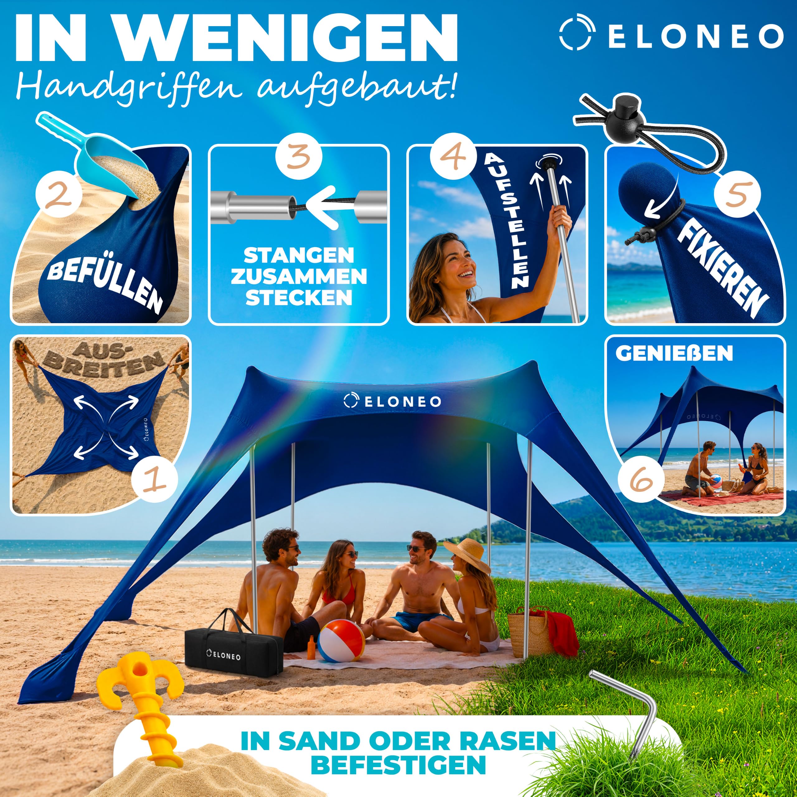 ELONEO Namiot plażowy, osłona przeciwsłoneczna na plażę 300x300x200 cm, SPF 50+, ochrona przeciwsłoneczna na plażę z łopatką do piasku, śledziami i drążkami stabilizującymi, granatowy