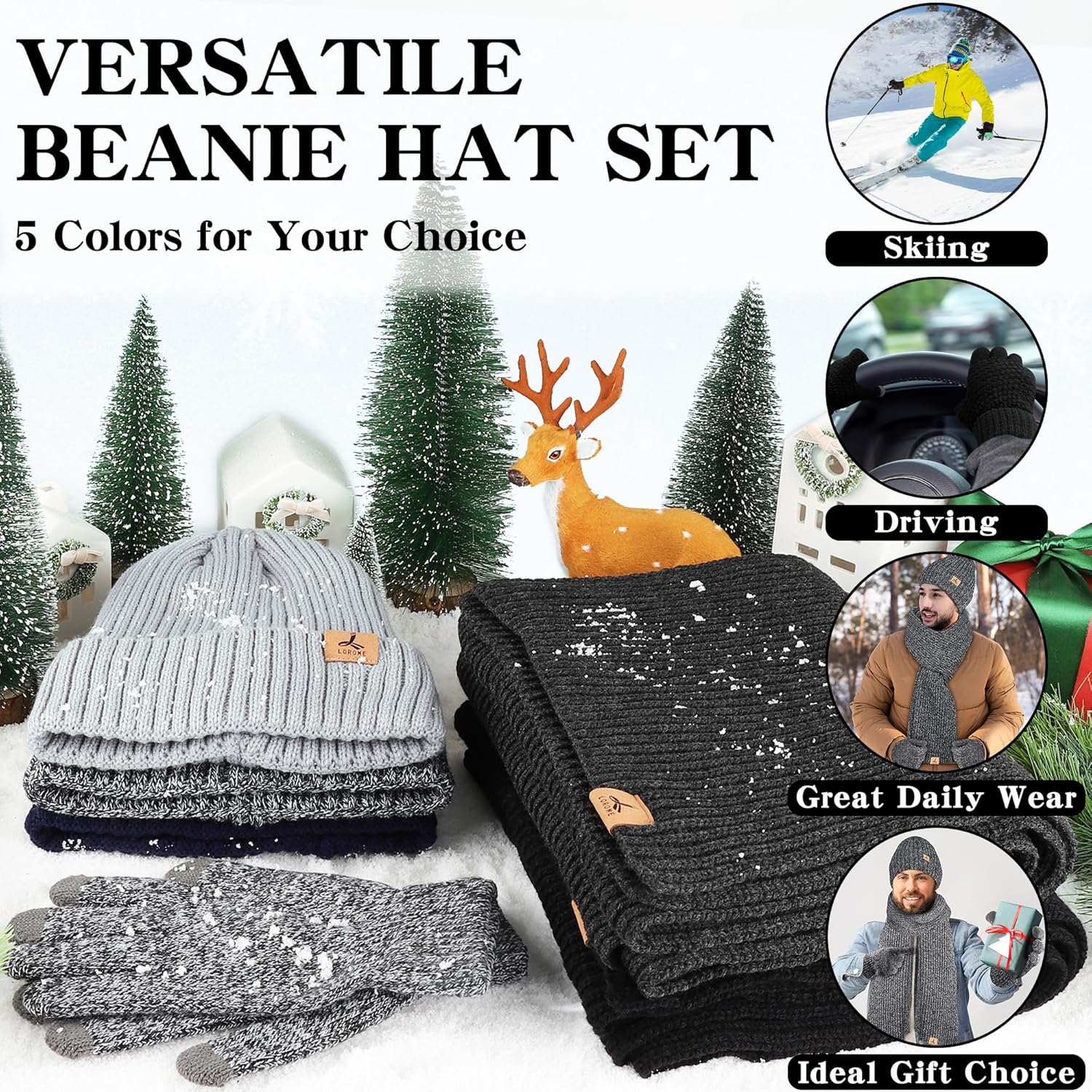 3 PCS Winter Hat Scarf Gloves Set, Soft Warm Knit Beanie Hat Touchscreen Gloves Long Knitted Scarf Set Winter Gifts for Men - Image 7