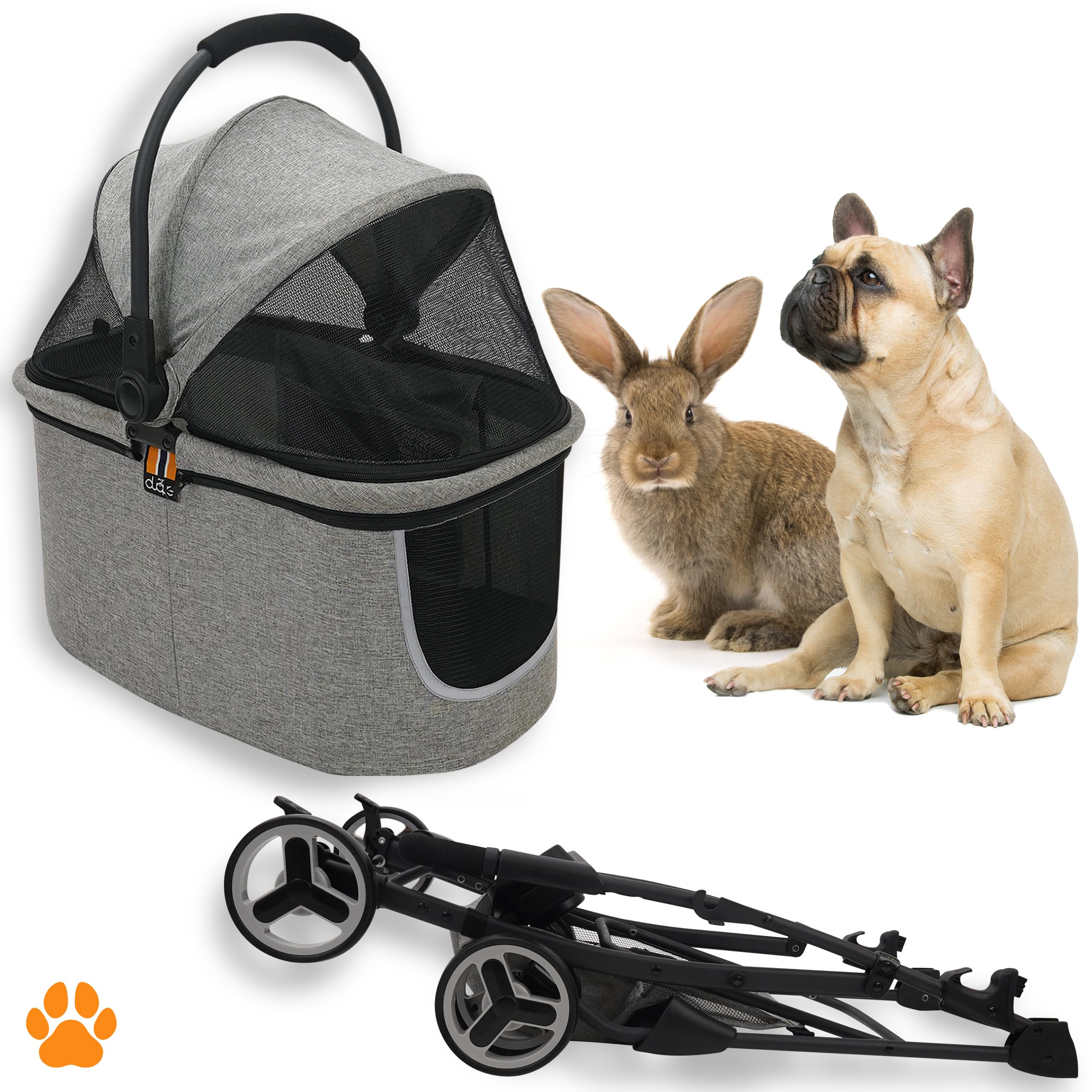Mod. CECE 2 in 1 - Passeggino per animali, con cestino per spesa o accessori, pieghevole con una mano, utilizzabile col telaio della carrozzina o staccabile come trasportino, grigio melange