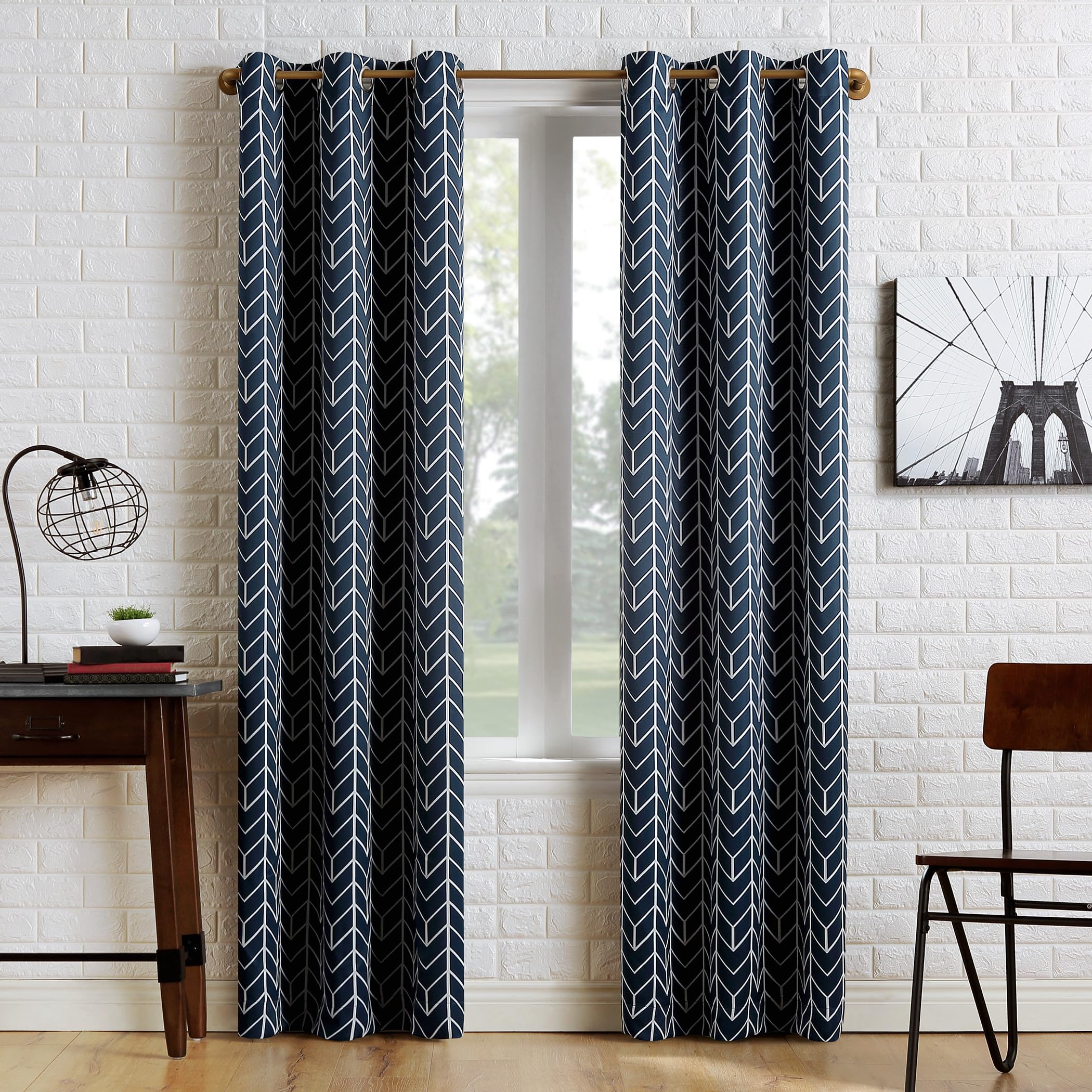 Sun Zero Navy Blue 40" x 95" Kenwood Chevron Blackout Grommet Curtain Panel, 54362