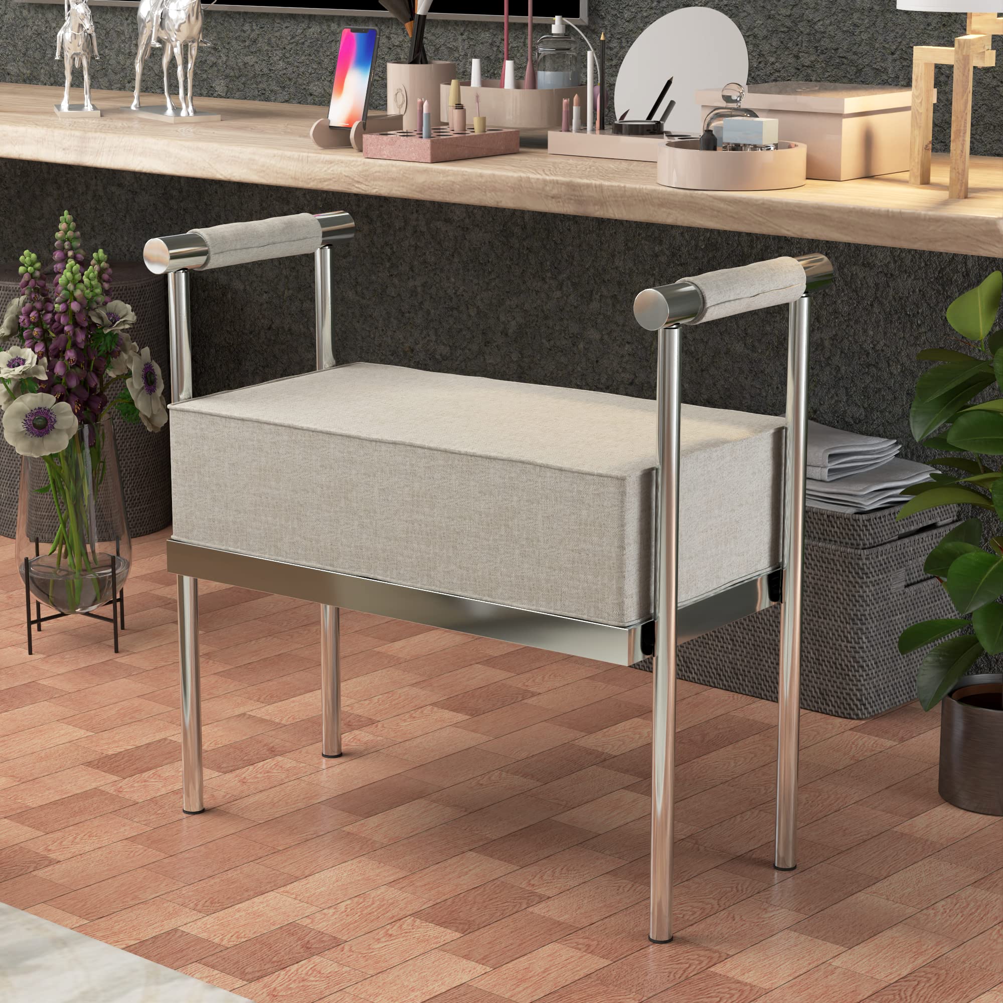 Modern Upholstered Bench Seat,Ottoman Bench with Armrests,Entryway Bench, Living Room Foot Rest Stool with Sturdy Metal Frame,Footrest,Bedroom Bench,Vanity Stool (Silver Metal Frame, Cream)