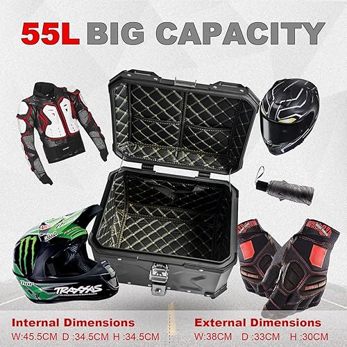 Miniatura 9 de Funda superior universal para motocicleta, caja trasera de motocicleta de 65 L, con respaldo, bloqueo de seguridad y asa para equipaje de casco,