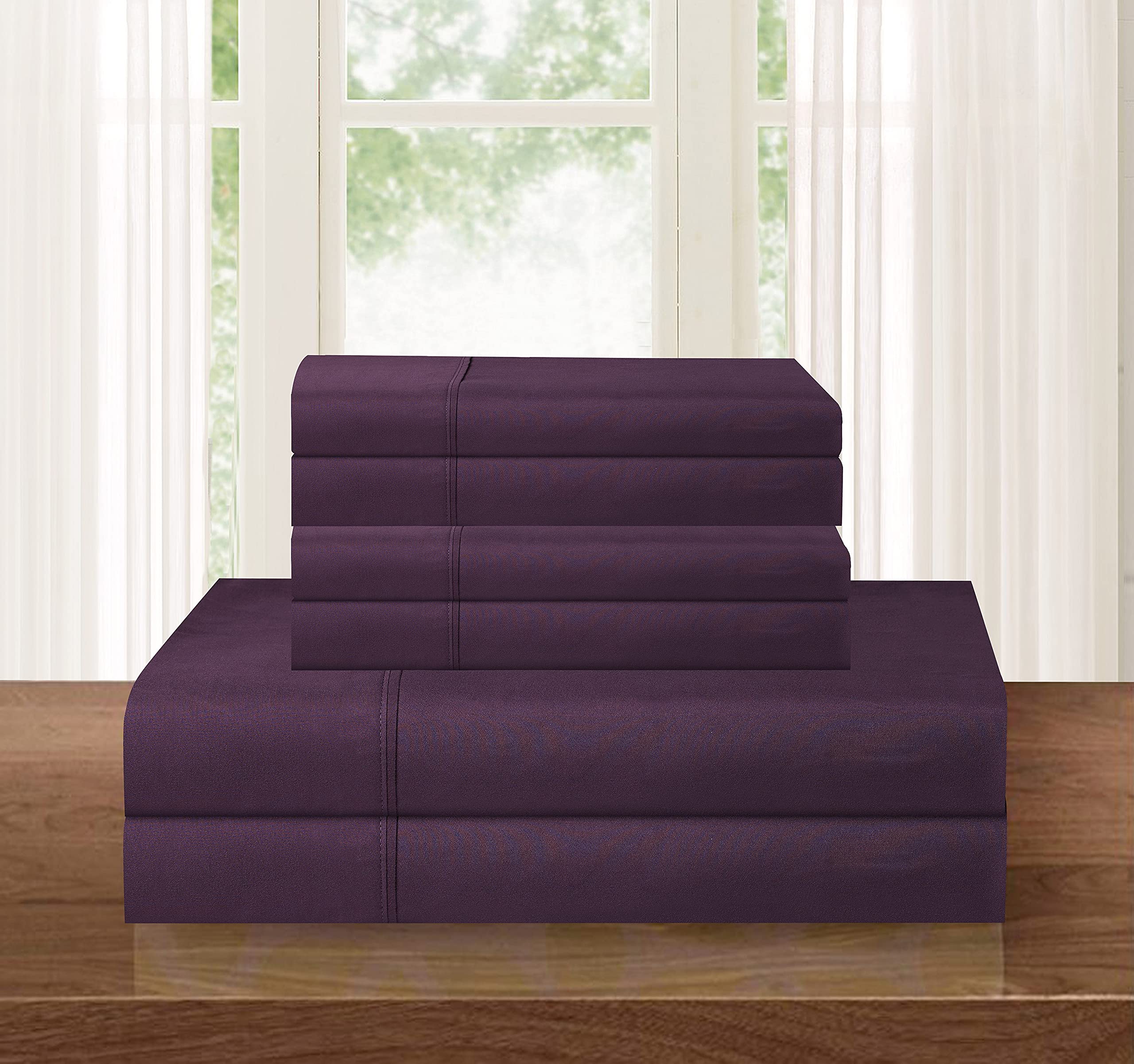 Elegance Linen ® 1500 Thread Count WRINKLE RESISTANT 4 pc Sheet set, Deep Pocket - All Size and Colors , Queen Purple