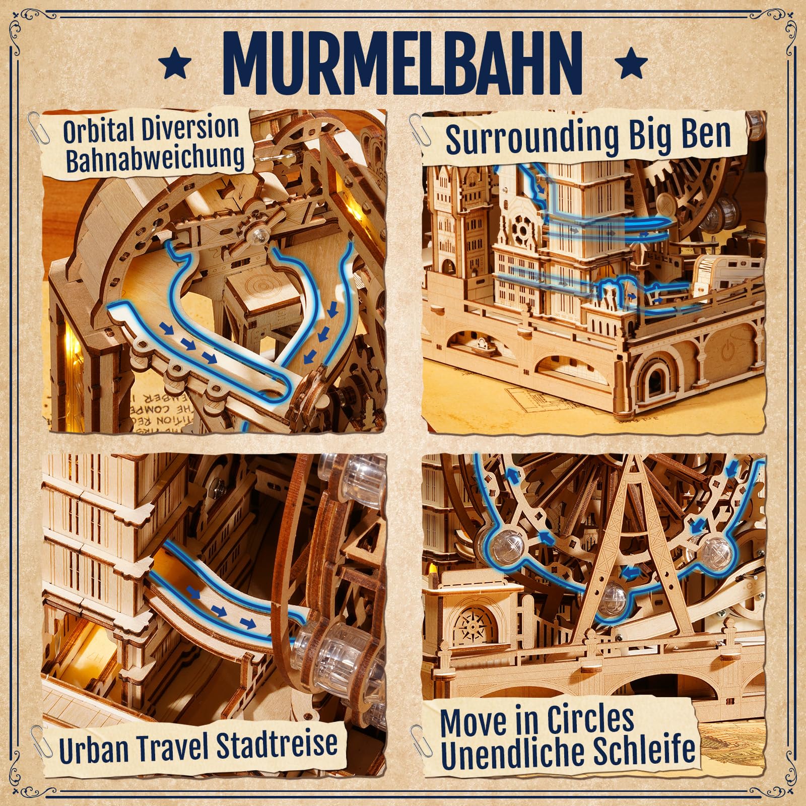 ROKR Marble Travel London EGB01 3D Puzzle Holz Murmelbahn Kugelbahn Modell für Erwachsene mit LED London Eye Big Ben Tower Bridge Bastelset Schreibtisch Dekoration Geschenk für Frauen Männer