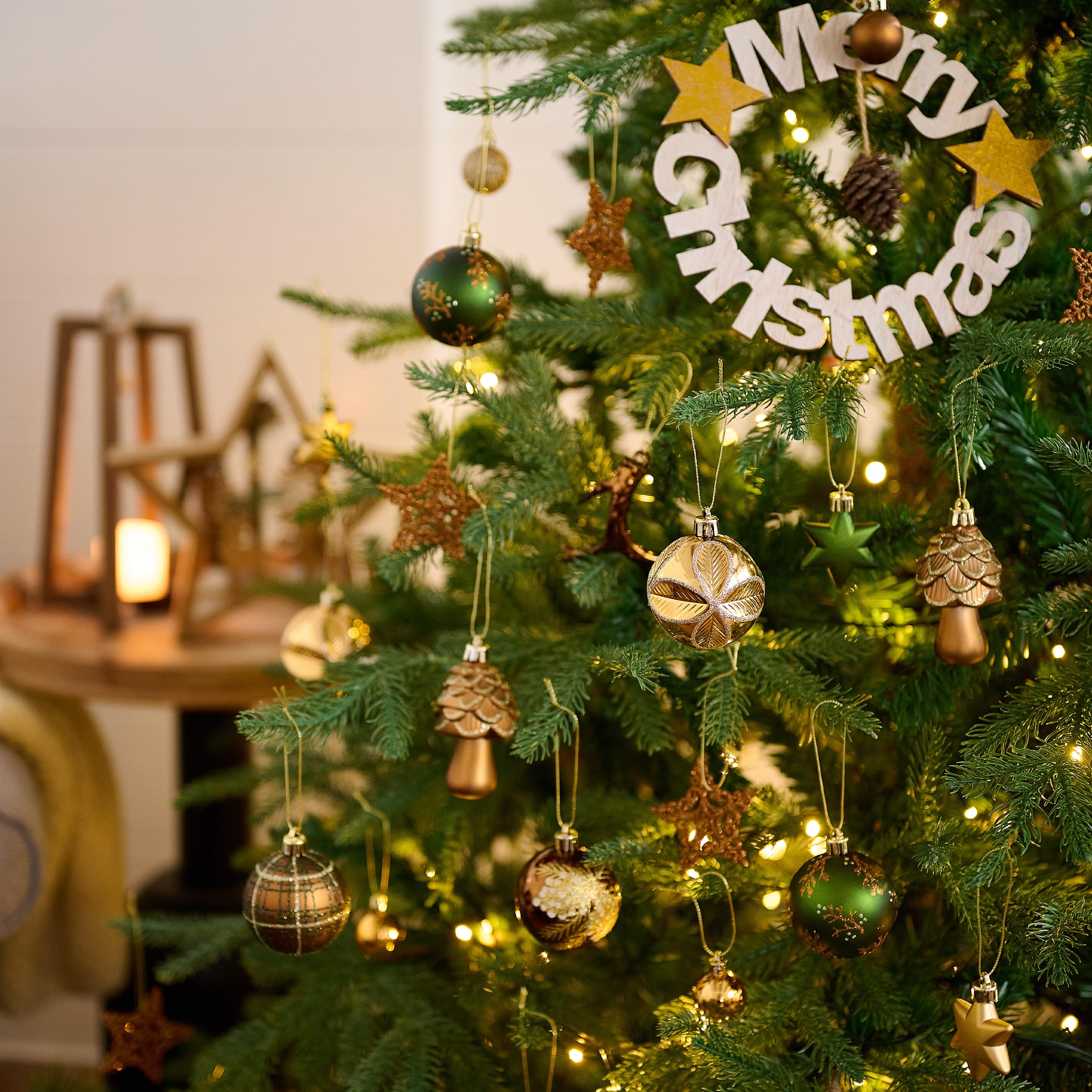 Valery Madelyn Lot de 70 boules de Noël en plastique - Décoration de Noël avec crochet de suspension - Thème forêt (bronze vert)