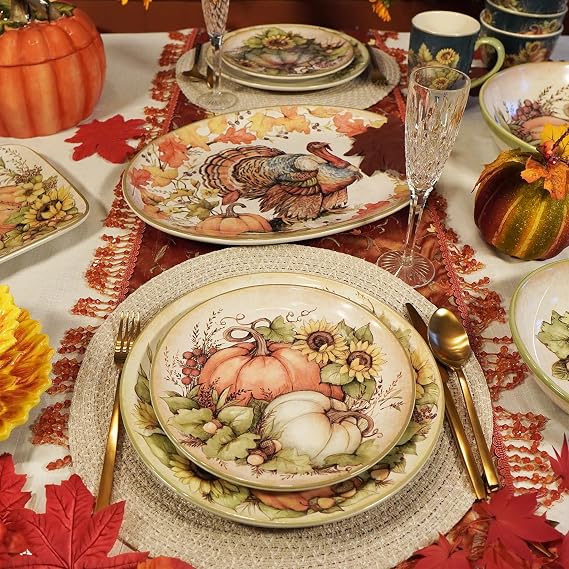 Autumn Breeze 16-Piece Ceramic Dinnerware Set, Service for 4 Celebrate fall gatherings with sunflowers, pumpkins, and rich harvest hues, perfect for cozy dinners and festive autumn tablescapes
