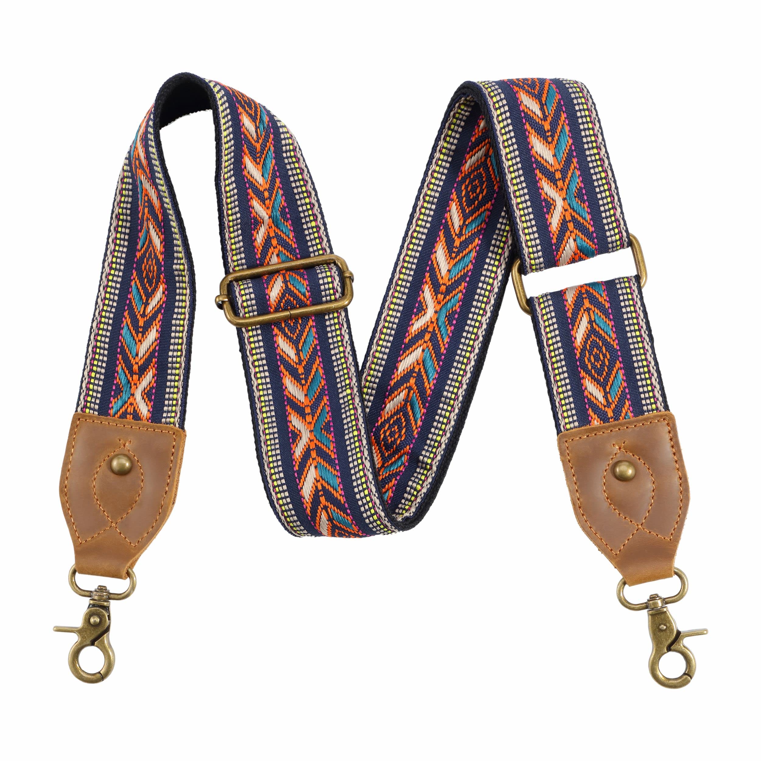 Nefelibata Purse Strap-2"Crazy Horse Leather Bag Strap Adjustable Replacement,Retro Jacquard Embroidery Crossbody Straps