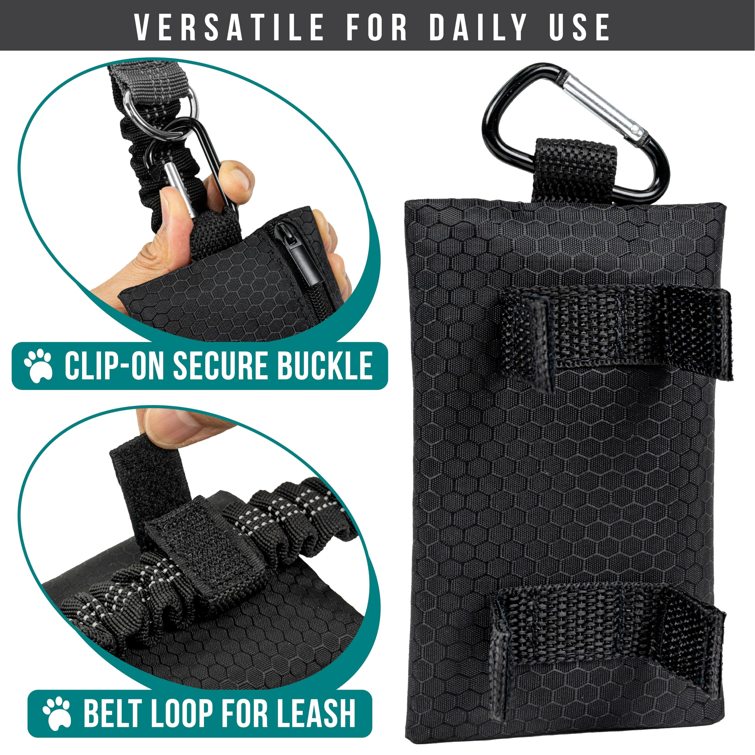 PetAmi Soporte para bolsas de excremento de perro para correa, dispensador de bolsas de basura para perros con clip para cachorros, accesorios para caminar, viajes, camping, bolsa de golosinas para