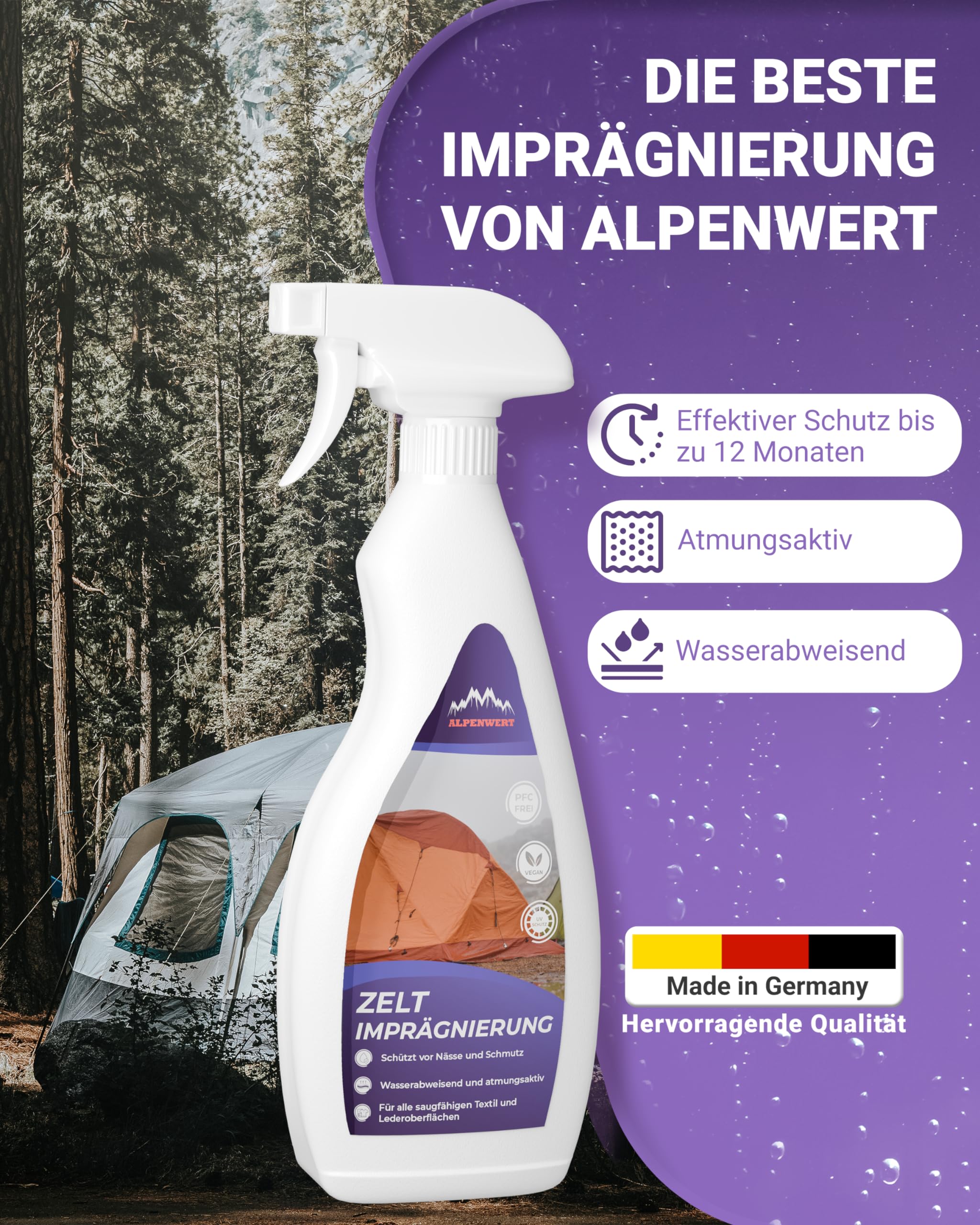 Alpenwert Zelt & Pavillion Imprägnierspray [LANGZEIT-ABPERL-Schutz] Made in Germany Imprägnierung für Zelte, Markisen, Sonnenschirm UVM.