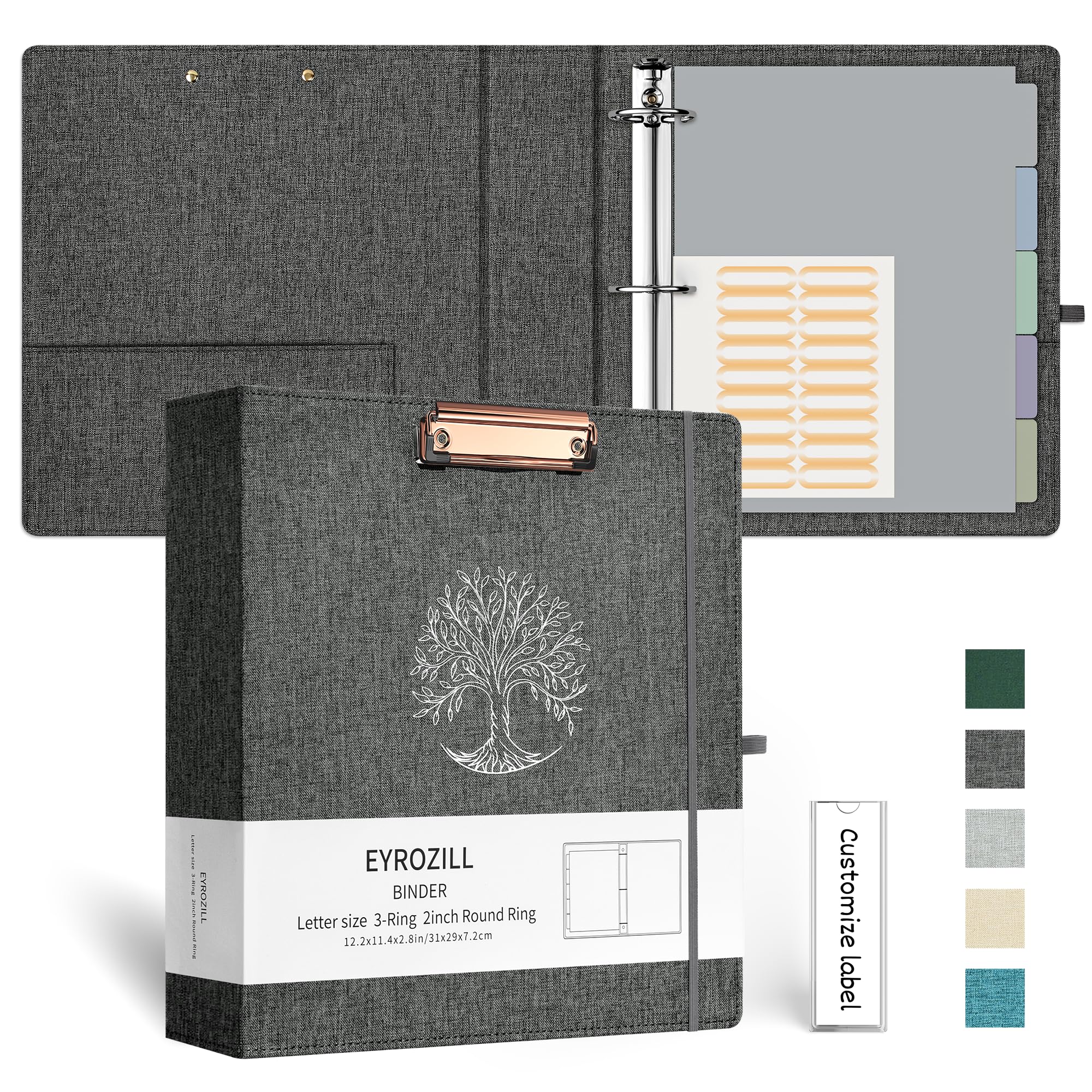 EYROZILL 3 Ring Binder 2 Inch, Binder for Letter Size (11" x 8.5") with 5 Tab Dividers, File Folder Labels and Low Profile Clipboards, Life Tree